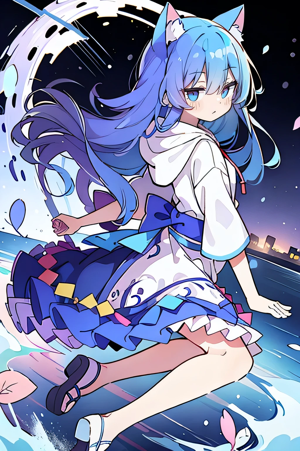（masterpiece：1.2），Super detailed，lifelike，Expressive eyes，fair skin，perfect face shape，1 girl，
Japanese comics,Gorgeous blue hair,flowing blue hair,flowing clothes,Cat ears,Petals fall,beautiful lola,Baby Angel,
Shaking head with one hand，Cross your legs，Gentle and peaceful background，The pavilion is cool and comfortable,smile, wearing hoodie, background of tokyo,back views,snowing, winter,lie on the water. 