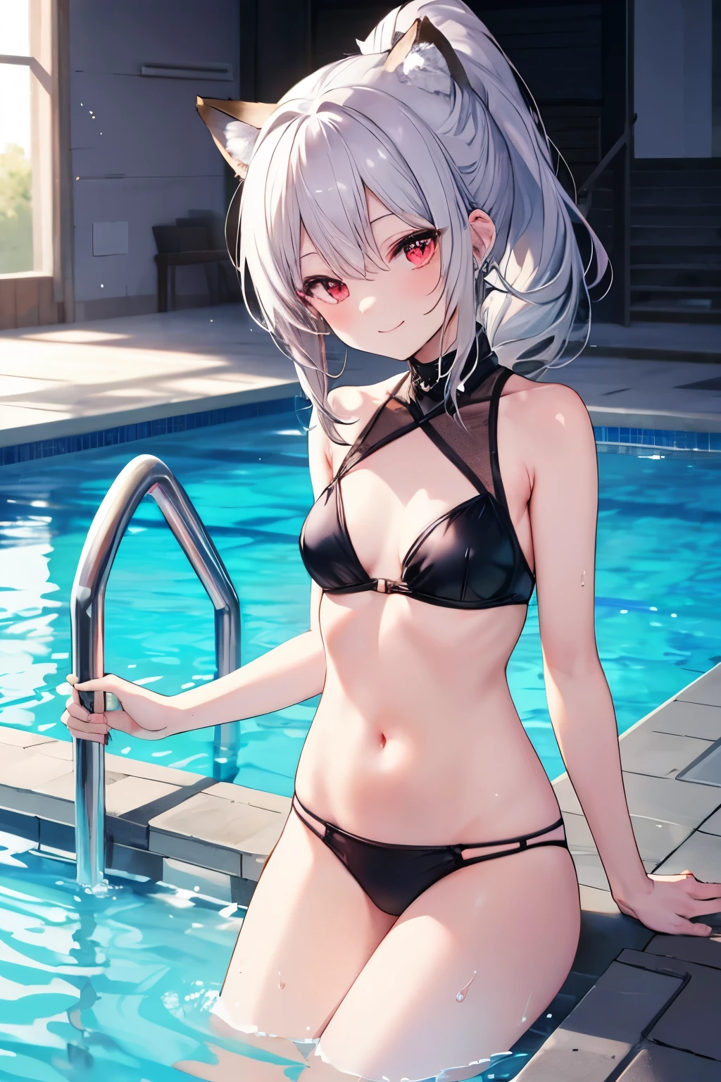 Silver Hair、Red Eye、Fox ears、girl、Small breasts、ponytail、girl、Small breasts、ta、Bright smile、Looks about 15 yan Musume、Short、目のhighlight、Sexy thighs、Wearing a scoop water、Pool、Your eyes are so beautiful、highlight