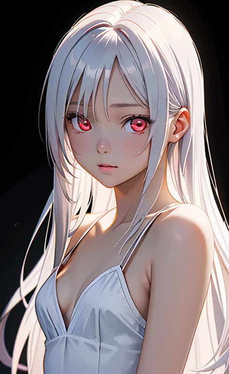(Photorealistic:1.4)、asuna,(masterpiece、lens flare:1.5、spot light:1.2、Exquisite beautiful eyeonochrome:1.5,portlate、)、Cute Face、 3D Face、(White platinum hair:1.5、Straight Hair)、(1 Girl)、(Red eyes:1.2)、(upper body)、(Sundress)、 (Cute face:1.2),(),(half closed eyes),kind face,(Small breasts),(black background:1.5)、(glowing eyes:1.3)、()、 Neat and clean、Adorable、Slim Body(Tareme:1.5),Shiny Hair、(Glowing pink Skin)、Nijisketch,Manga,zydG