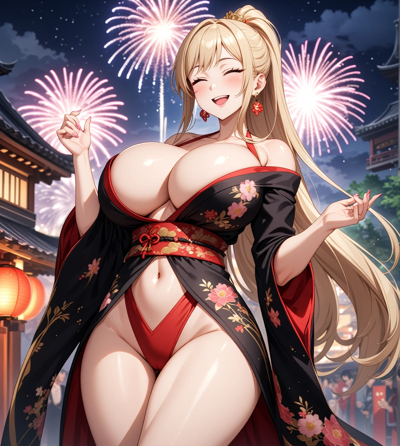 ((one personの女性)), Beautiful Face,Happy and fun,Blushing,((Wink:2.0)),Laughing with your mouth open,Lighting the face,Glossy lips,Abstract, night,Shrine festival sexpensives,firework, ((Anime style background)),masterpiece, highest quality, so beautiful, Latest, Complex details, (Pink long nails),AI-generated, Complex,High resolution, highest quality, super high quality,3D Images、View your viewers、3D Images,one person,Long Blonde Hair,(Dark hair at the hairline),High Ponytail,blue eyes,Anime woman posing for a photo, [[fine grain、Colorful eyes、Shining Eyes:1.15]],(Squint your eyes:1.1),a hyperRealistic , hyperRealistic , Realistic , Blonde anime woman with long hair, Smooth anime CG art, A woman in a gorgeous kimono embroidered with gold, Black kimono,Pink floral pattern,Floral long hair ornament,Earrings,(Big Breasts:1.4),Mature Body,expensive,Big Ass,Fine details,Trained abdominal muscles,(her eyes wide with wonder as she watches the spectacular fireworks lighting up the night sky)