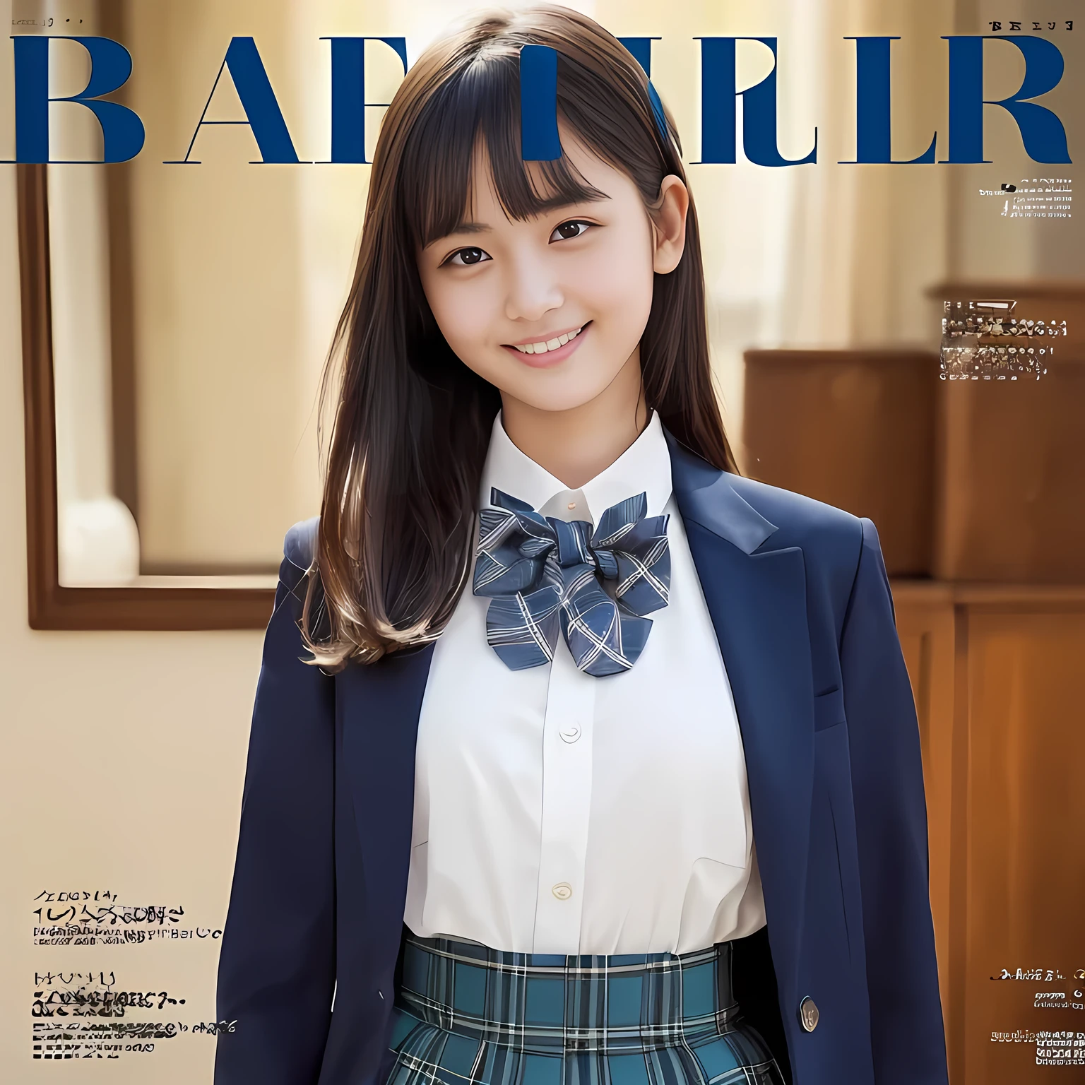 (highest quality, masterpiece:1.2), highest quality, Realistic, photograph, High resolution, 1080p, 8K, Physical Rendering, ((Height: 155cm)), ((((((Some 14 year old beautiful Japanese fashion magazine's fashion models are looking straightly at the viewer)))))), (((big very detailed beautiful dark brown eyes))), ((((Everyone is loving and laughing at me!)))), detailed fingers, (((curled blunt bangs))), ((((Very noble and cute eyes, carefully drawn with great attention to detail)))), ((double eyelids)), (((long eyelashes))), ((cute lovely lovely laughing laughing cheeks)), ((The pure white light hits my nose and cheeks. Her eyes and white facial skin shine beautifully white.)), (((((Her facial features are very expressive noble smile, very sweet, very very intelligent))))), ((((impressive plain navy large school ribbon bow tie in plain)))), ((((black very beautiful and very long bobbed hair)))), ((((blue and navy colored tartan checkered formal long pleated skirt under the blazer)))), ((((A formal dark blue blazer in solid that is slightly oversized and with a golden emblem)))), ((As elegant as a noble princess)), ((Dancing in a light white women's classroom)), ((The whole body with impressive noble long skirt))