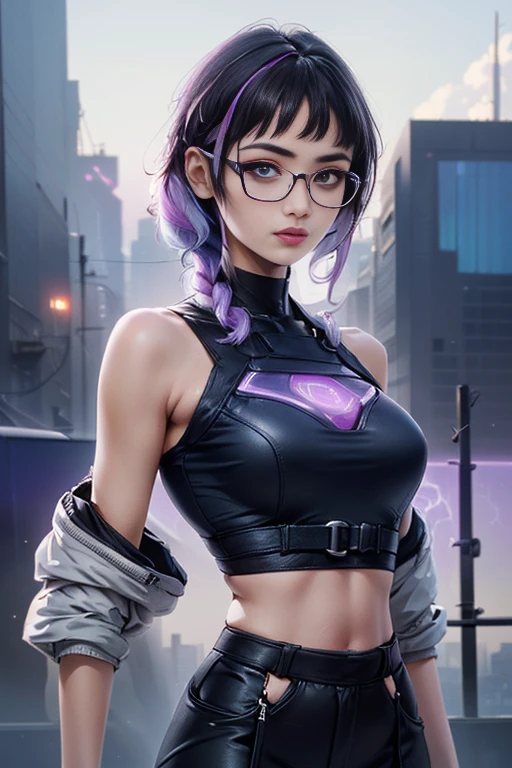 1. Scene description: - Couple Photos、((男の子and女の子が背中合わせに立っている))、（Boy with glasses:1.0 )and (Cyberpunk fashion girl:1.0 ） 
- Detailed facial features of boys: The boy wears glasses、はっきりandした鼻、Natural wavy short hair、 
- Detailed facial features of girls: Beautiful and detailed eyes、beautiful and dense lips、Gray hair colored in a light purple gradient_She has long hair that is as long as her height, tied in a braid - Additional details: Long eyelashes、Gentle smile、Confident posture、 (Very detailed目and顔、Long eyelashes)、 cute、Adorable、colorful、Shiny、Glowing Skin、Perfect Skin、Captivating eyes、Luscious Lips、Graceful pose、dynamic、Whimsical、Playful、fun、Hilarious、happy、Vibrant、bright、Magic 2.material: ·An illustration：Characters are depicted by hand.、 - Media: High resolutionのデジタル イラスト、 - Artistic style: ファンタジーandサイバーパンク

 3. Scene details: - background: Strange clouds gather and lightning flashes、 - Lighting: ドラマチックな明かりが影を落andし、Illuminates the character&#39;s facial features、 -atmosphere: Mysterious and fascinating、Full of expectations、

 4.image quality: - highest quality、High resolution：（highest quality、High resolution） - Super detailed：（Super detailed） - Realisticなスタイル: (Realistic) - Bright colors：（Bright colors） 

5. Color Palette: - Main color: 女の子の髪の毛の白and薄紫の色合い、Boys clothing yellow、Shades of black、・Suspicious Sky: 銀色を帯びた紫andピンク、 

6. Overall prompt: 男の子and女の子が背中合わせに立っている、 The girl has long hair as tall as herself, braided in twos.、(Wearing a revealing cyberpunk outfit:1.4)、緻密な瞳and唇が美しい少女、 Boys are slightly shorter than girls、Wearing a yellow yacht parka with a black lining and camouflage cargo pants、Wear black-rimmed glasses、sneakers、 The background is otherscape、雰囲気はMysterious and fascinating、Full of expectations、lightning、画像はhighest quality、High resolution、Very detailed、Photorealistic style、Color Paletteには、The character&#39;s costume is black、gray、Silver、Contains a light purple hue、空には薄紫がかった深い青and紫が含まれています、