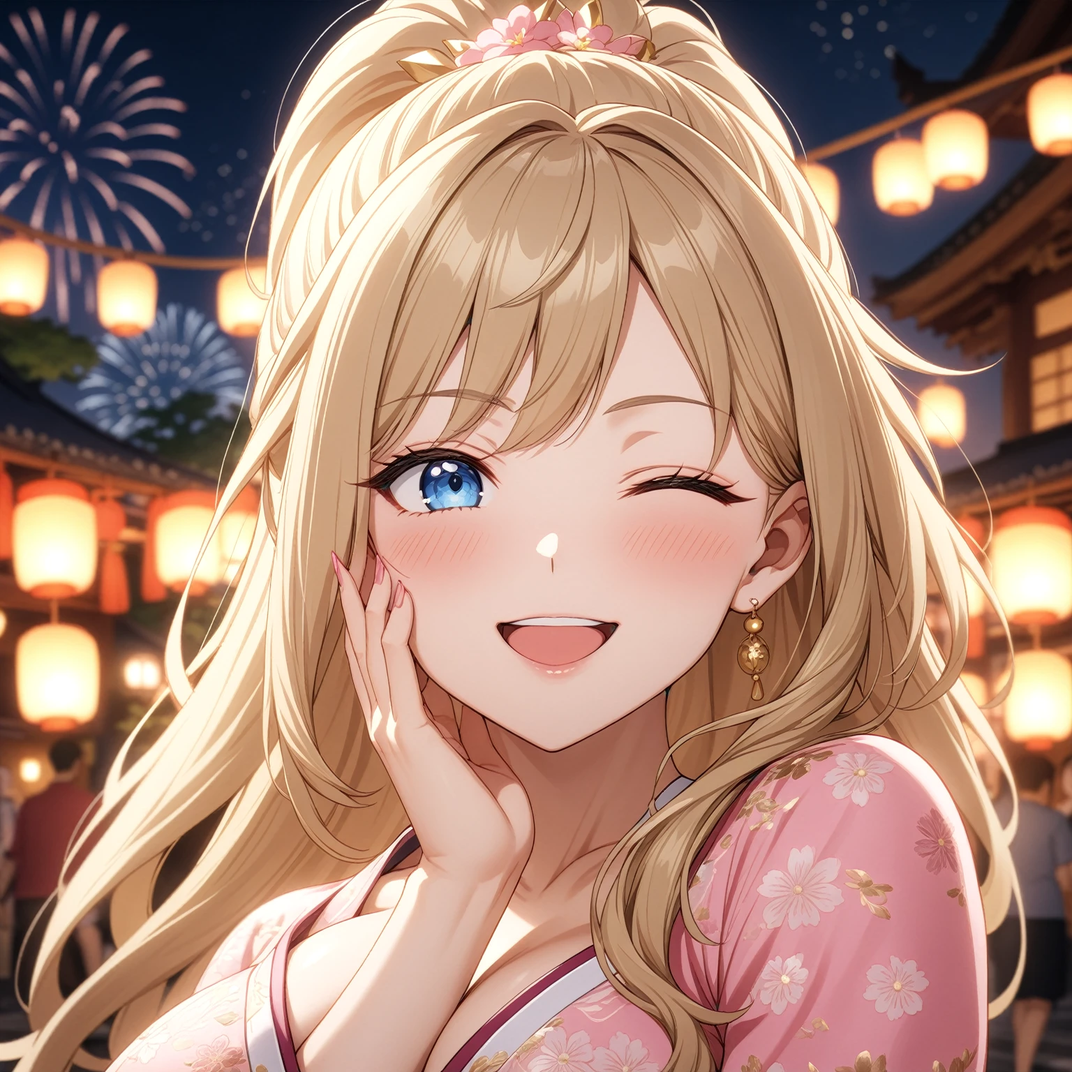 ((one personの女性)), Beautiful Face,Happy and fun,Blushing,(Wink:2.0),Laughing with your mouth open,Lighting the face,Glossy lips,Abstract, night,Shrine festival sexpensives,firework, ((Anime style background)),masterpiece, highest quality, so beautiful, Latest, Complex details, (Pink long nails),AI-generated, Complex,High resolution, highest quality, super high quality,3D Images、View your viewers、3D Images,one person,Long Blonde Hair,(Dark hair at the hairline),High Ponytail,blue eyes,Anime woman posing for a photo, [[fine grain、Colorful eyes、Shining Eyes:1.15]],(Squint your eyes:1.1),a hyperRealistic , hyperRealistic , Realistic , Blonde anime woman with long hair, Smooth anime CG art, A woman in a gorgeous kimono embroidered with gold, Black kimono,Pink floral pattern,Floral long hair ornament,Earrings,(Big Breasts:1.4),Mature Body,expensive,Big Ass,Fine details,Trained abdominal muscles,(鮮やかな浴衣を着た若い女性が日本の祭りでone personで立っている。, her eyes wide with wonder as she watches the spectacular fireworks lighting up the night sky)