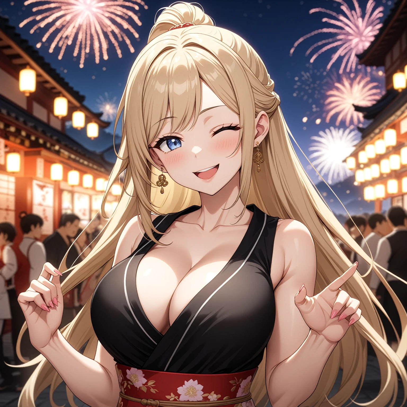 ((one personの女性)), Beautiful Face,Happy and fun,Blushing,(Wink:2.0),Laughing with your mouth open,Lighting the face,Glossy lips,Abstract, night,Shrine festival sexpensives,firework, ((Anime style background)),masterpiece, highest quality, so beautiful, Latest, Complex details, (Pink long nails),AI-generated, Complex,High resolution, highest quality, super high quality,3D Images、View your viewers、3D Images,one person,Long Blonde Hair,(Dark hair at the hairline),High Ponytail,blue eyes,Anime woman posing for a photo, [[fine grain、Colorful eyes、Shining Eyes:1.15]],(Squint your eyes:1.1),a hyperRealistic , hyperRealistic , Realistic , Blonde anime woman with long hair, Smooth anime CG art, A woman in a gorgeous kimono embroidered with gold, Black kimono,Pink floral pattern,Floral long hair ornament,Earrings,(Big Breasts:1.4),Mature Body,expensive,Big Ass,Fine details,Trained abdominal muscles,(鮮やかな浴衣を着た若い女性が日本の祭りでone personで立っている。, her eyes wide with wonder as she watches the spectacular fireworks lighting up the night sky)