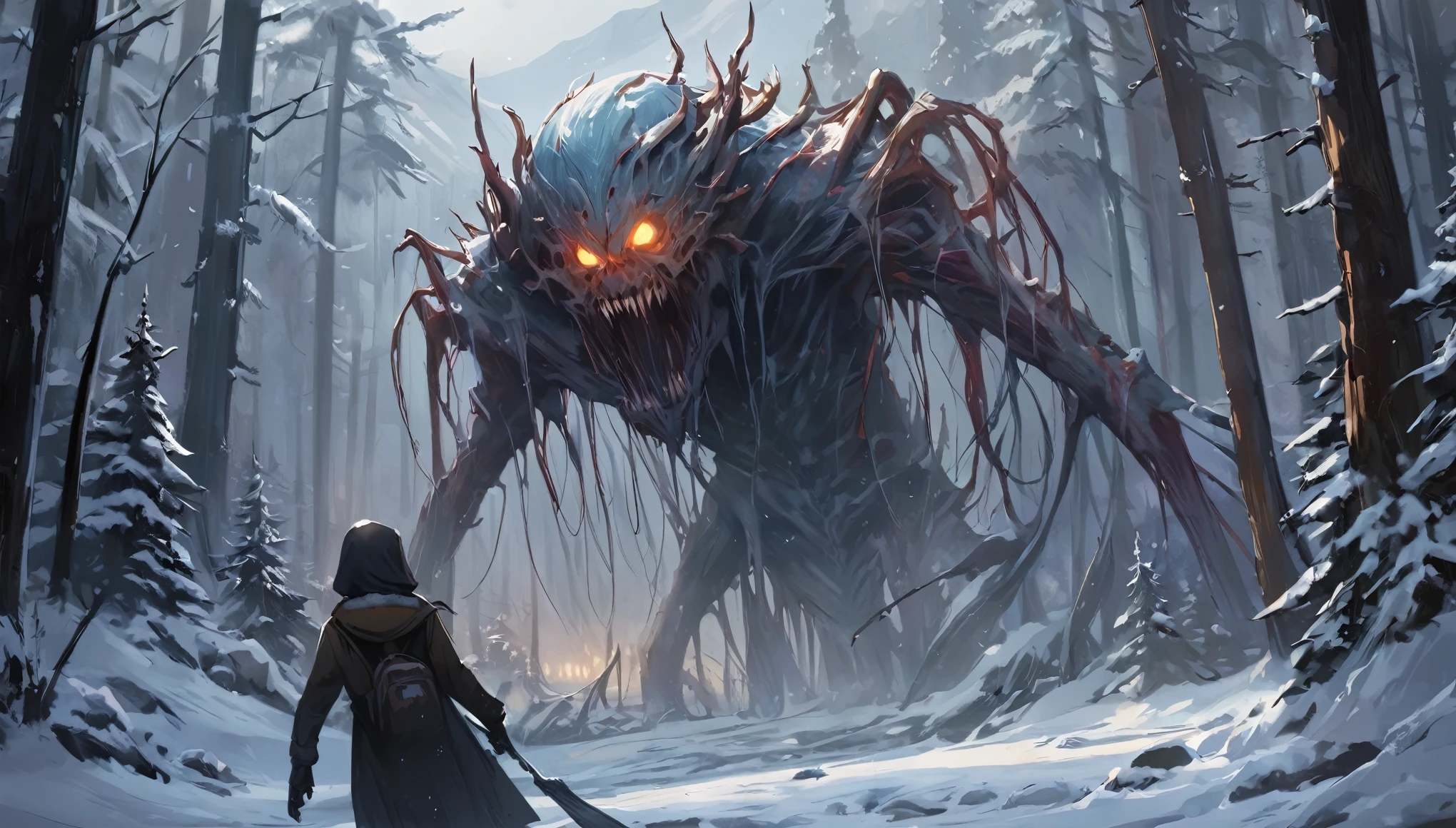 masterpiece, best quality, beautiful illustration, anime style, horror, close up, (A monster with long, slender limbs of splash art), In the snowy forests of Alaska, background, concept art, Spooky atmosphere, Spooky and terrifying Disturbing, Creeps, landscape painting.