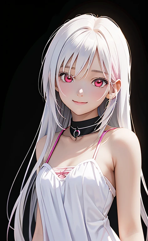(Photorealistic:1.4)、asuna,(masterpiece、lens flare:1.5、spot light:1.2、Exquisite beautiful eyeonochrome:1.5,portlate、)、Cute Face、 3D Face、(White platinum hair:1.5、Straight Hair)、(1 Girl)、(Red eyes:1.2)、(upper body)、(Sundress)、 (Cute face:1.2),(?????? smile),(half closed eyes),kind face,(Small breasts),(black background:1.5)、(glowing eyes:1.3)、()、 Neat and clean、Adorable、Slim Body(Tareme:1.5),Shiny Hair、(Glowing pink Skin)、Nijisketch,Manga,zydG