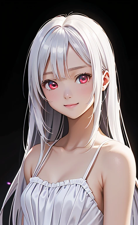 (Photorealistic:1.4)、asuna,(masterpiece、lens flare:1.5、spot light:1.2、Exquisite beautiful eyeonochrome:1.5,portlate、)、Cute Face、 3D Face、(White platinum hair:1.5、Straight Hair)、(1 Girl)、(Red eyes:1.2)、(upper body)、(Sundress)、 (Cute face:1.2),(forced smile),(half closed eyes),kind face,(Small breasts),(black background:1.5)、(glowing eyes:1.3)、()、 Neat and clean、Adorable、Slim Body(Tareme:1.5),Shiny Hair、(Glowing pink Skin)、Nijisketch,Manga,zydG