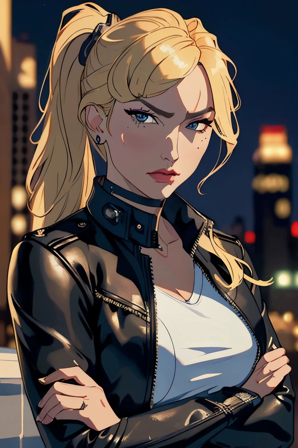 (masterpiece:1.2), (best quality), (ultra detailed), (8k, 4k, intricate),(highly detailed:1.2),(detailed face:1.2),(portrait),(dynamic pose:1.2), woman, police uniform, black leather jacket, blonde hair, high ponytail with bangs, makeup, crossed arms, night city