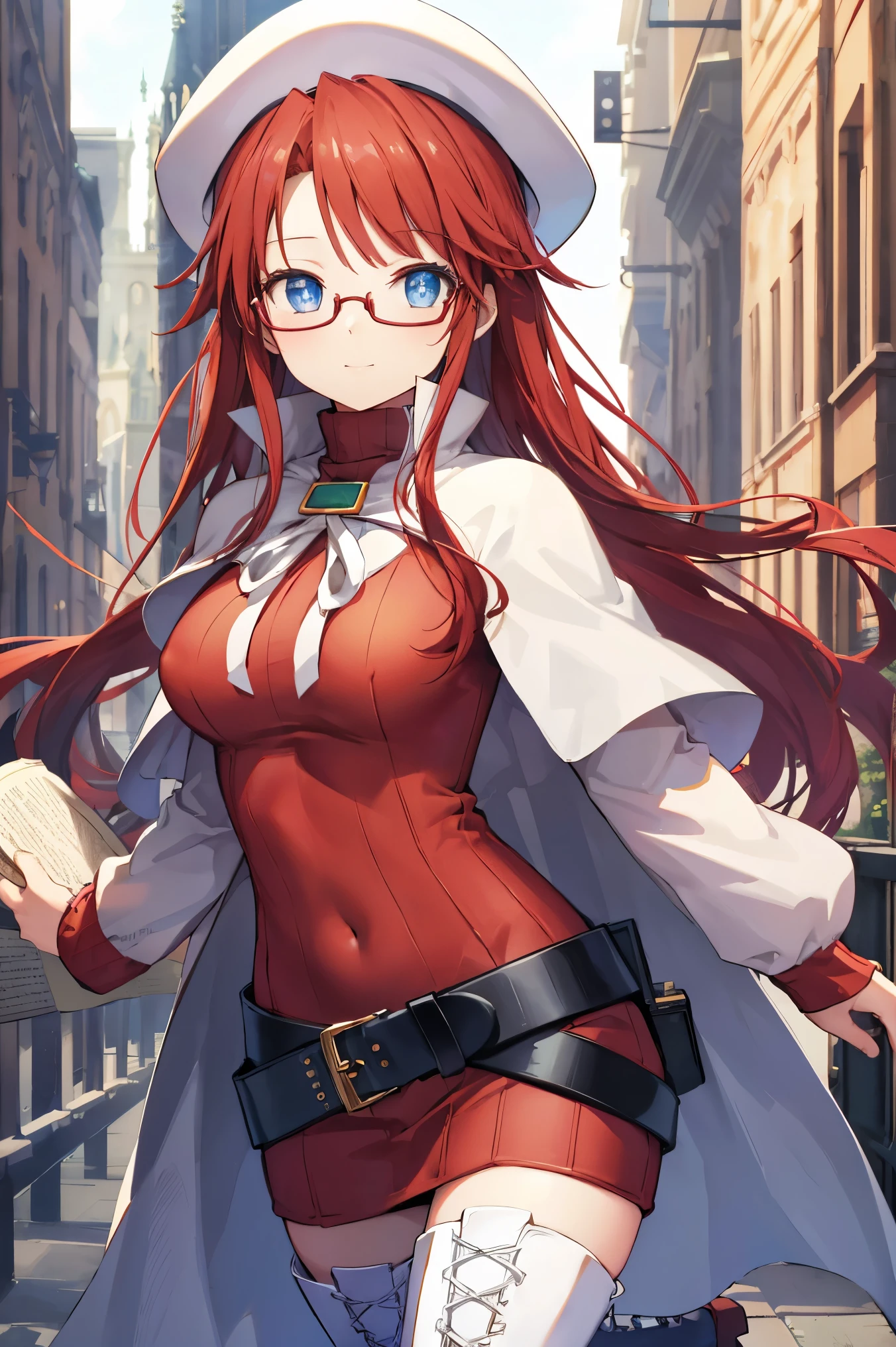 summonnightaty, aty, (young:1.3),long hair, blue eyes, red hair, large_beret, hat, glasses,
BREAK long hair, thighhighs, hat, dress, boots, glasses, belt, cape, sweater, zettai ryouiki, beret, thigh boots, white footwear, ribbed sweater, loose belt,solo,
BREAK outdoors, fantasy,on_cobblestone
,,Highquality_hads,perfect_fingers,
BREAK (masterpiece:1.2), best quality, high resolution, unity 8k wallpaper, (illustration:0.8), (beautiful detailed eyes:1.6), extremely detailed face, perfect lighting, extremely detailed CG, (perfect hands, perfect anatomy),covered_nipples,covered_navel ,half_eyes,long_sword,sleepy,standing,barrel,red_sweater,apart_knees,magical_effect,spread_legs, have_a_book,teacher,rise_knee,Smile,rise_hand,look_down_viewer,spread_arms,