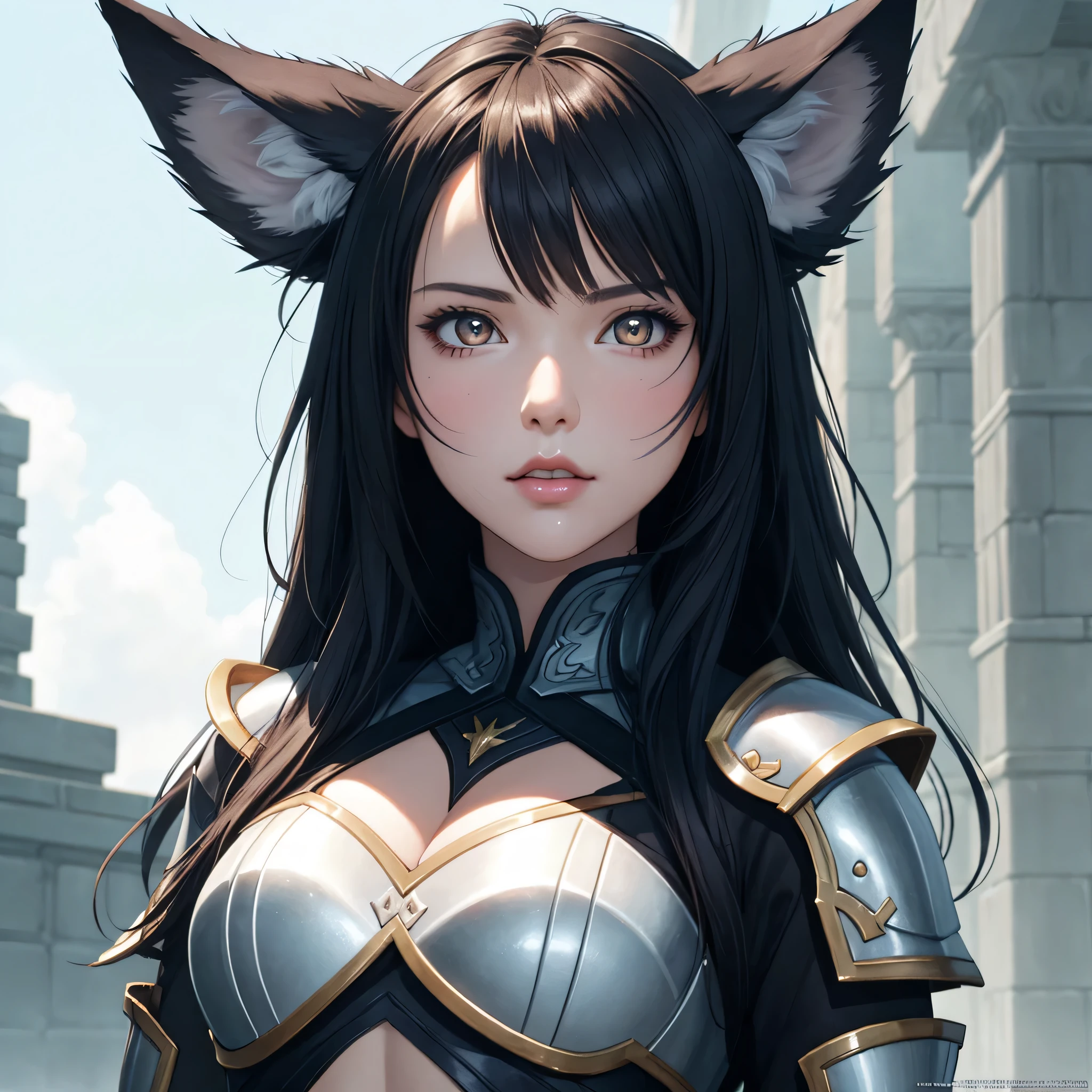 Close up portrait of girl,wolf ears,wolf tail, detailed fantasy art, Stunning character art, fanart best artstation, epic exquisite character art, Beautiful armor, very detailed Artgerm, Detailed Digital Anime Art, ArtGerm on ArtStation Pixiv, from below