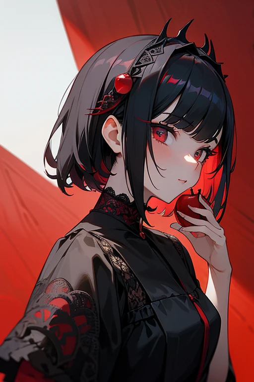 Black and red lace dress、cute、Villainess、head band、profile、Judge your audience、profileのアップ、Beautiful hair ornaments、Place an apple in the palm of your hand、Short Bob、View from the front、Beautiful Face、Catchlight in the eyes、Facing the viewer from the front、