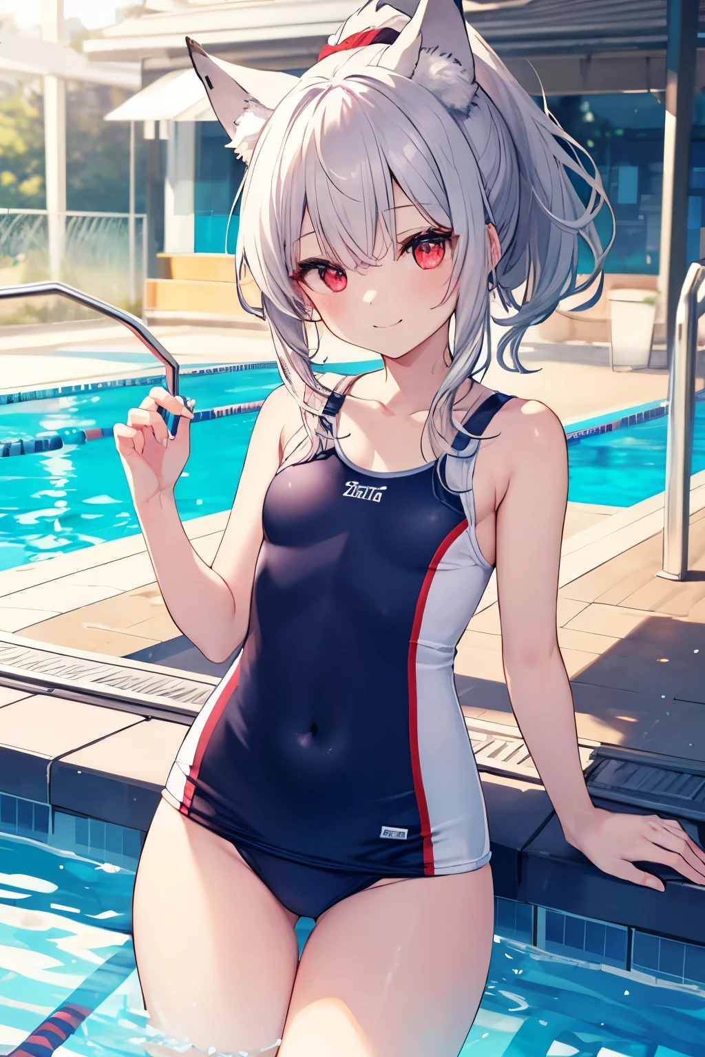 Silver Hair、Red Eye、Fox ears、girl、Small breasts、ponytail、girl、Small breasts、ta、Bright smile、Looks about 15 yan Musume、Short、目のhighlight、Sexy thighs、Wearing a school swimsuit、Pool、Your eyes are so beautiful、highlight