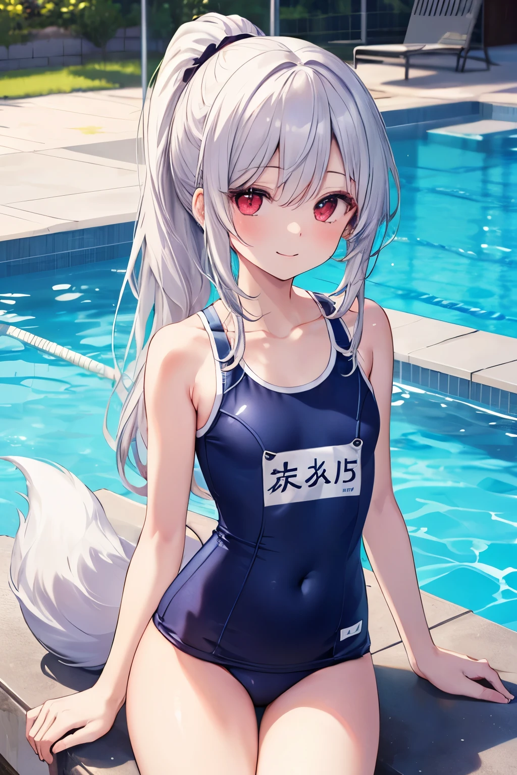White hair，beast ear，coda，swimming uniform，female pervert，long whitr hair