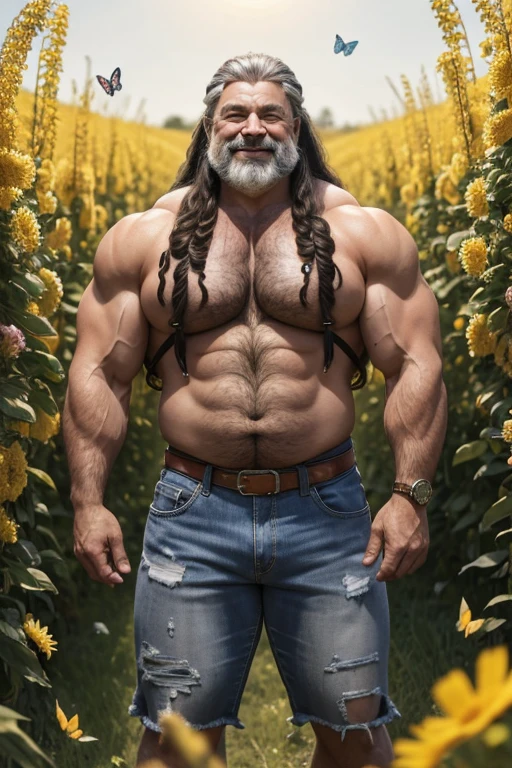  Hyperrealistic image of an old hippie farmer superhero surrounded by many butterflies with very long and curly braided gray hair with many flowers in his hair A super heavy bodybuilder smiling flexing his muscles A full body obese bodybuilder with a very sweaty body An extremely muscular old man and extremely fat over 70 years old weighing over 600 pounds muscular very hairy man with very large legs very sagging pectorals with dark nipples and gynecomastia standing in a golden wheat field wearing torn jean shorts and bare feet 
