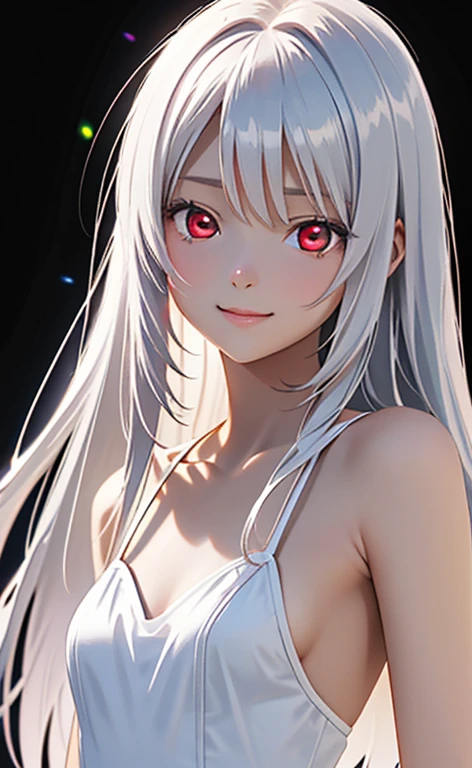 (Photorealistic:1.4)、asuna,(masterpiece、lens flare:1.5、spot light:1.2、Exquisite beautiful eyeonochrome:1.5,portlate、)、Cute Face、 3D Face、(White platinum hair:1.5、Straight Hair)、(1 Girl)、(Red eyes:1.2)、(upper body)、(Sundress)、 (Cute face:1.2),(forced smile),(half closed eyes),kind face,(Small breasts),(black background:1.5)、(glowing eyes:1.3)、()、 Neat and clean、Adorable、Slim Body(Tareme:1.5),Shiny Hair、(Glowing pink Skin)、Nijisketch,Manga,zydG