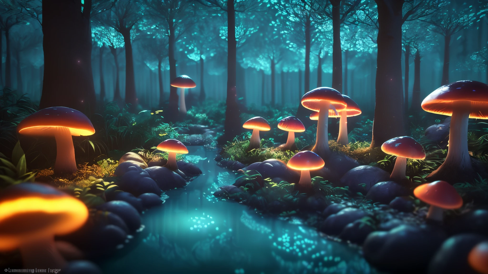 (cinematic fae realm landscape:1.4), Surreal elements, (atmospheric and mystical:1.3), (super realistic lighting:1.4), (giant glowing mushrooms:1.3), Floating islands in the sky, (luminescent plants:1.3), Enchanted forest with bioluminescent flora, (crystal clear rivers with floating lights:1.2), (fairy lights twinkling in the air:1.3), Magical mist drifting through the trees, (ethereal glow emanating from the foliage:1.3), Depth of field creating a dreamlike quality, (ray tracing:1.4), (HDR imaging:1.3), Volumetric lighting for atmospheric depth, (soft shadows enhancing realism:1.2), Subtle chromatic aberration, (film grain for cinematic effect:1.2), Highly detailed textures, (vibrant and rich colors:1.2)