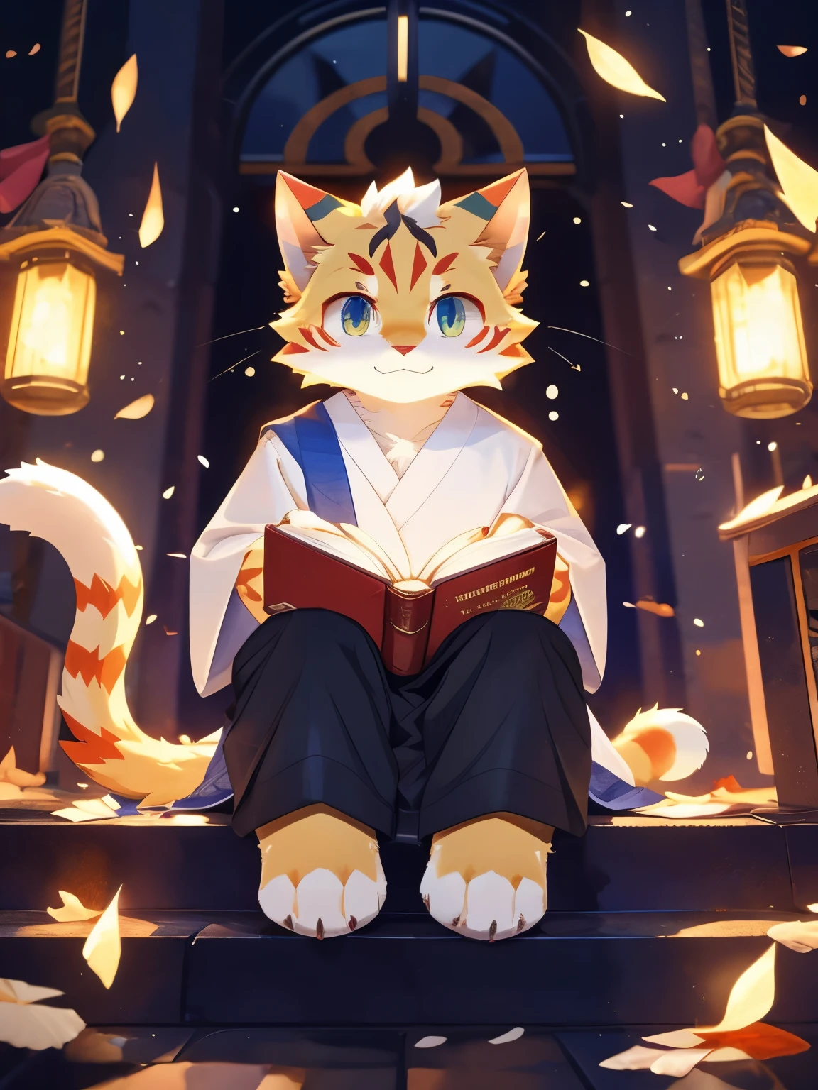 nj5furry,kemono,full-length portrait,anthro,hi res,juvenile,male,strong,White robe,Gold texture,Priest,Orange cat,Fluffy hair,White plush paw,Golden Eyes,Delicate eyes,Detailed eyes,Extremely high detail,8K HD characters,optimistic and cheerful,Holding a book,(particle, Scattered letters, Orange Light): 1.3