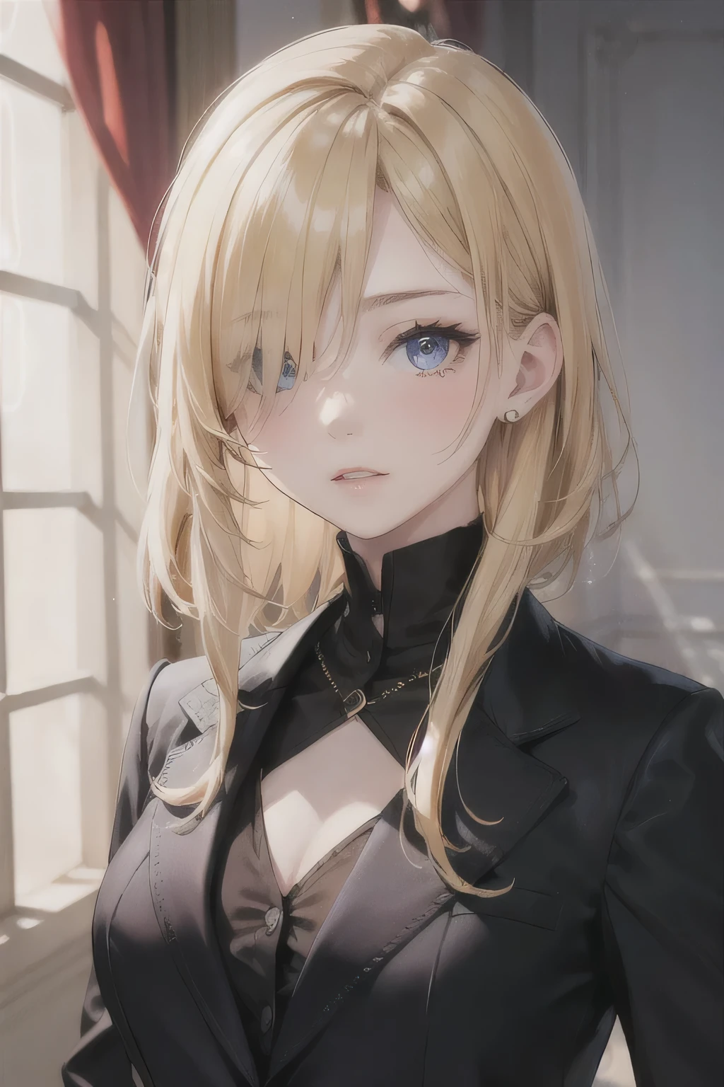 portrait of european girl,solo,20yo,beautiful face,uppser body,hair over one eye,medium sidecut, blonde hair, sharp focus,black business suit