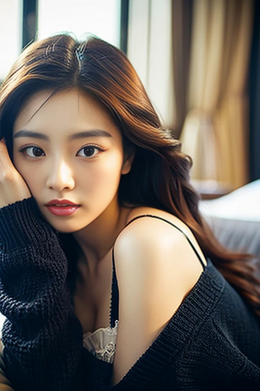 best quality ,masterpiece,ultra high res,(photo realistic:1.4), 1 girl, looking at viewer, Wearing oversized off-shoulder knit over lingerie, korean famous actress, very beautiful,kawaii, Cinematic, 35mm lens, f/ 1. 8, accent lighting, 8k, at luxury hotel、Double eyelids、Tear bags、long hair
