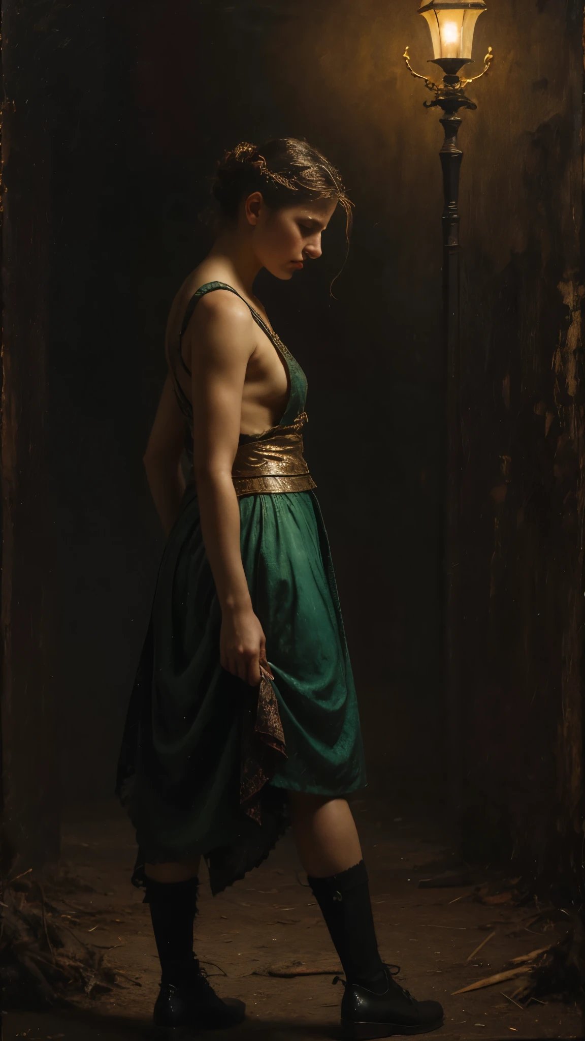 (masterpiece, r1ge), bragas, from behind, encorvado, Caderas anchas, muslos gruesos, Oil painting, [[The character is surrounded by mist, evoking a mysterious and eerie atmosphere. The lighting is dark and atmospheric, with a green smoke adding a touch of sinister ambiance. The image is of the best quality, with a resolution of 4k and HDR enhancement, showcasing the utmost level of detail and realism, sfw, full body shot. closeup View from above. (1woman)]]