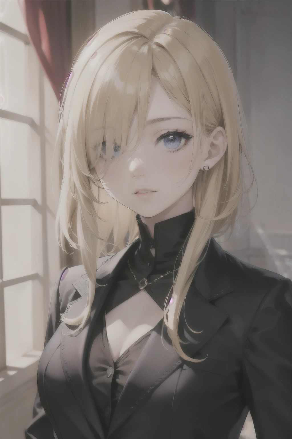 portrait of european girl,solo,20yo,beautiful face,uppser body,hair over one eye,medium sidecut, blonde hair, sharp focus,black business suit