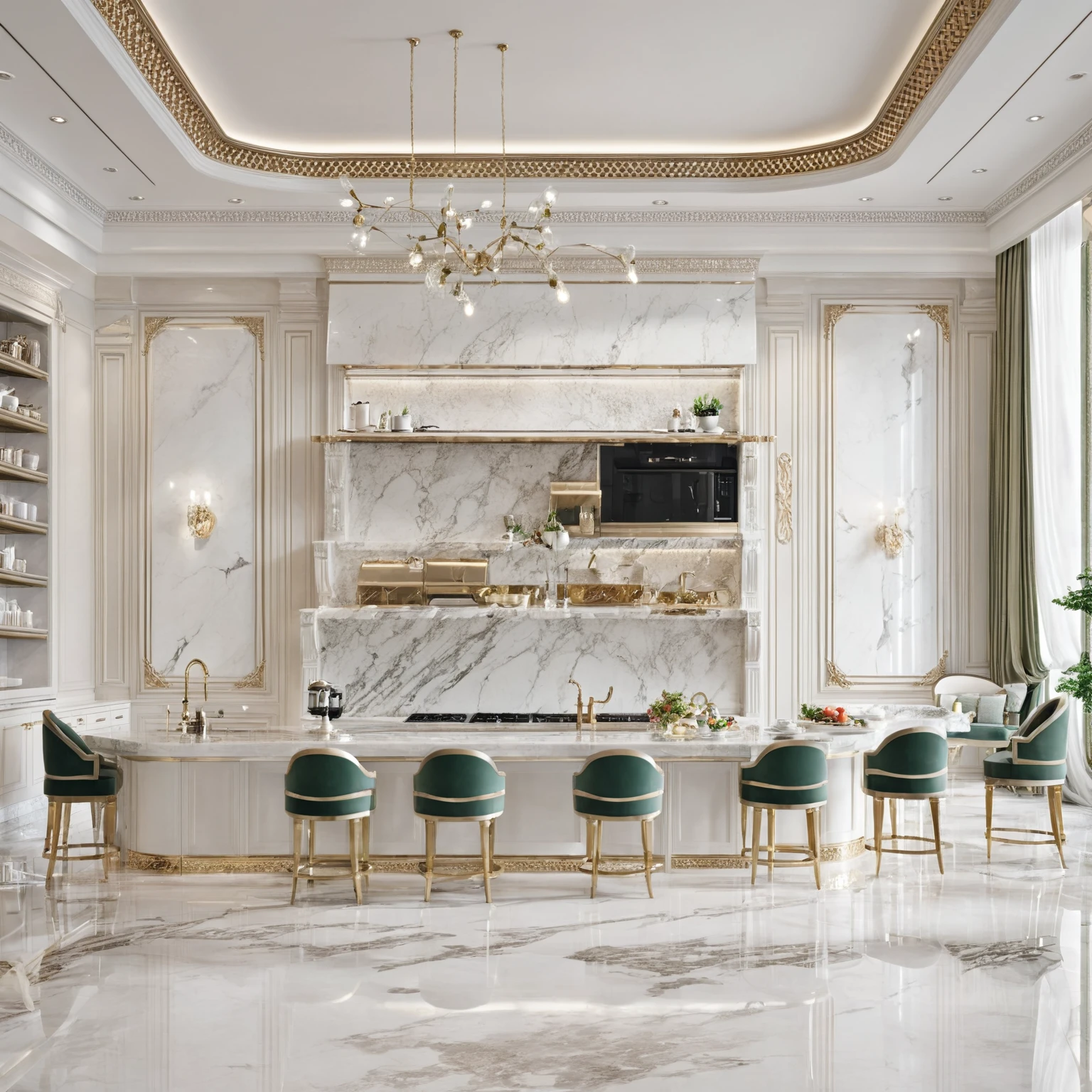 masterpiece, modern kitchen space, luxurious, aristocratic interior design, royal space, ((super detail :1.3))), neoclassical style design, neoclassical interior Modern blend, kitchen interior space with tables and chairs, kitchen details, luxurious aristocratic neoclassical kitchen inside, luxurious marble kitchen floor, kitchen interior, in a kitchen summer morning, island table, starbucks interior illustration, white, gray glossy floor ((1.2)), people sitting in cafe and serving staff (((1.3)))