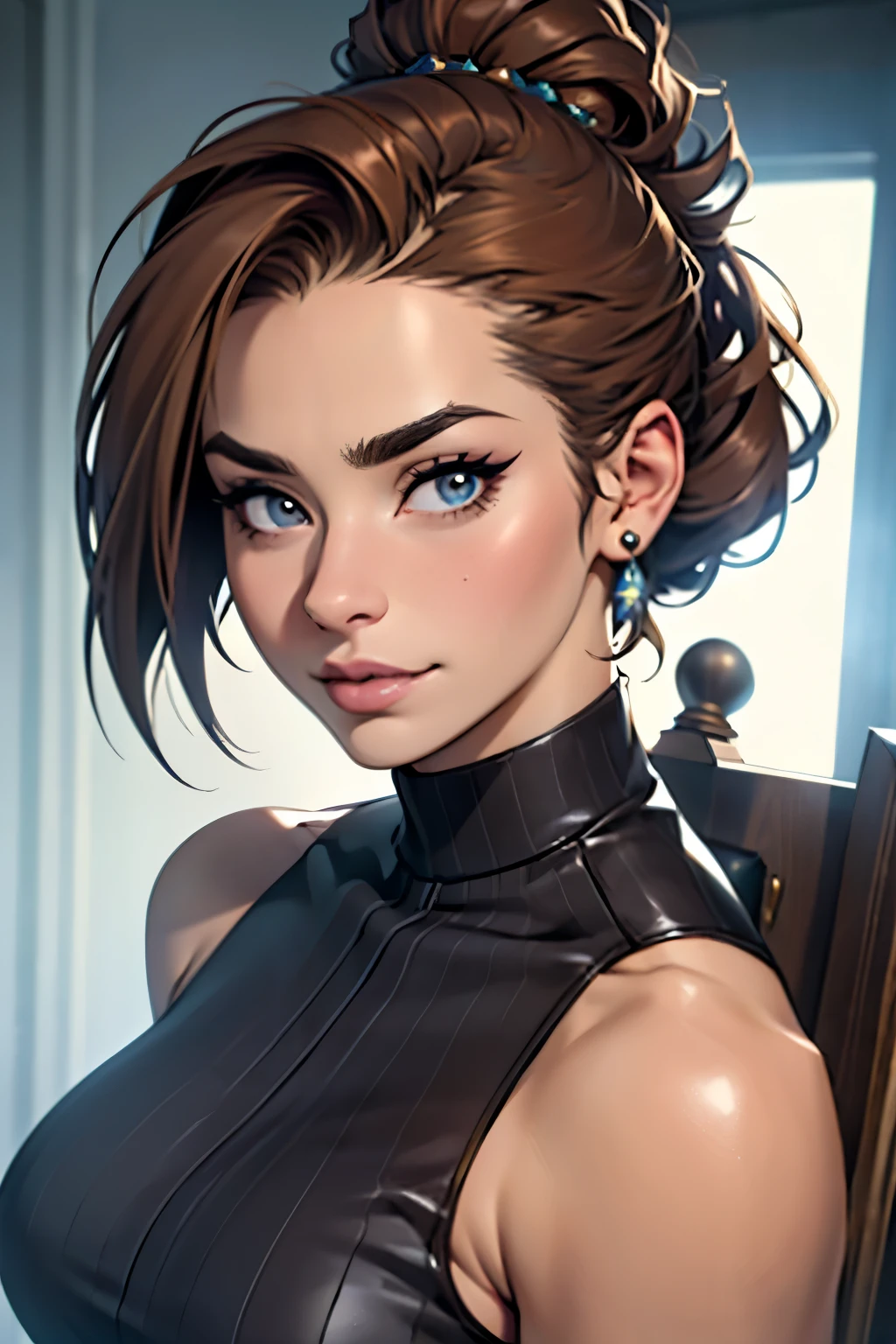 Sara Jay Epic Realism, Masterpiece, High Resolution (4K, 8K), Best Quality. A breathtaking portrait of Sara Jay, captured in the height of her maturity and beauty. Her stubble, a testament to her rugged charm, complements her thick eyebrows and a beard meticulously designed for an added edge. Her expressive eyes, ultra-detailed and hyperrealistic, sparkle with a soft, inviting smile (1.2). Her luxurious, chestnut-brown hair, styled in a short yet sophisticated updo, frames her face perfectly.
Sara wears a revealing, yet tasteful, outfit, with her clothes artfully down to accent