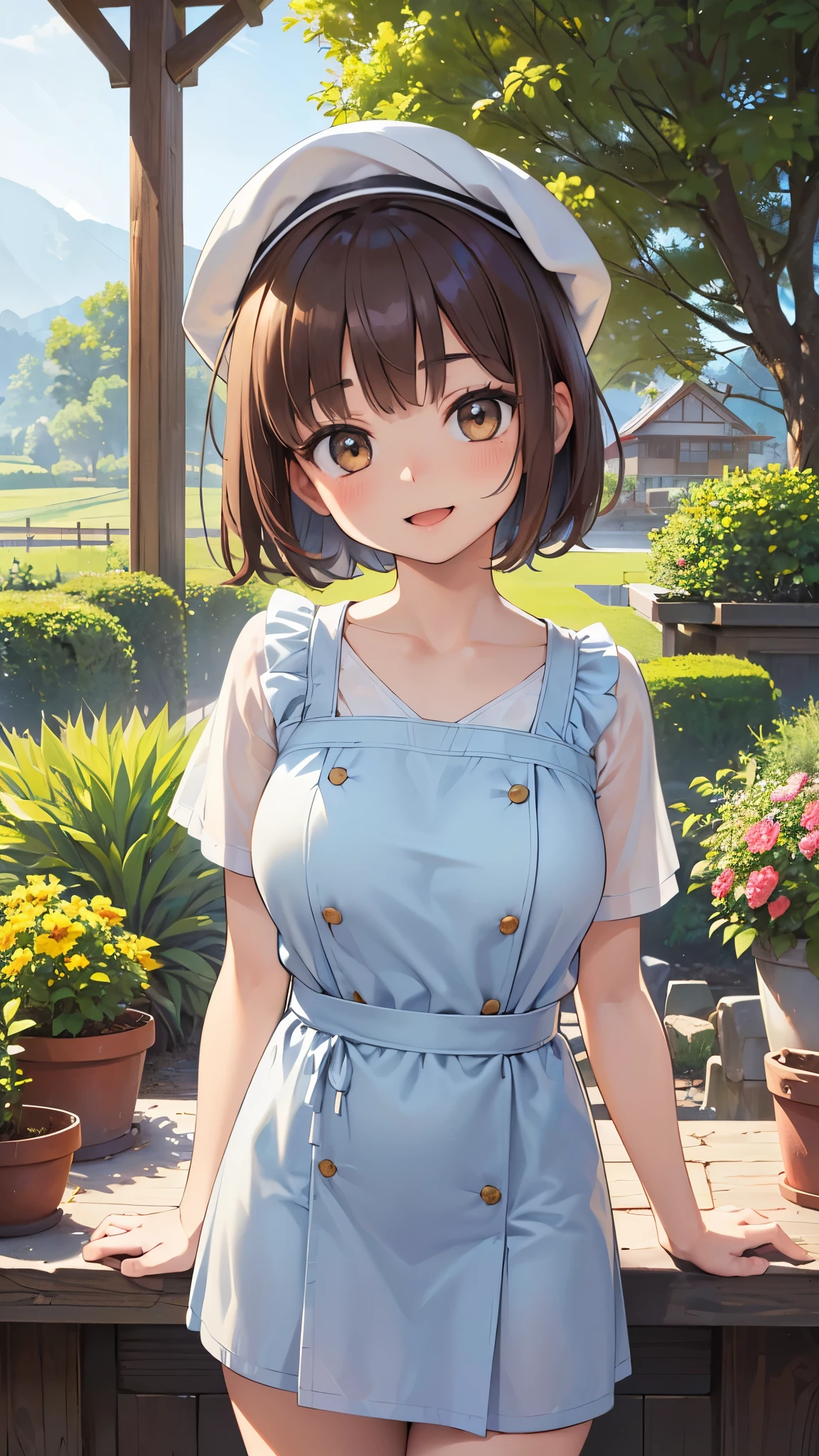 (masterpiece:1.2, highest quality, Ultra-high resolution, Super detailed), (Realistic, photoRealistic:1.4), Beautiful illustrations, colorful, (Natural Side Lighting, Cinema Lighting), View Viewer, ((1 female )), Japanese, ((Kindergarten children, 5 years old)), Perfect Face, (Perfect Anatomy), Cute and symmetrical face, Shiny skin, ((Big Boobs)), (short hair:1.1, (Both sides up:1.2), Reddish brown hair), Asymmetrical bangs, Brown eyes, Droopy eyes, Big eyes, Long Eyelashes, (((Loli Big Tits))), Beautiful Hair, Beautiful Face, Beautiful fine details, Beautiful clavicle, Beautiful body, ((Beautiful big breasts)), Beautiful thighs, Beautiful feet, ((Detailed cloth texture, Light blue nursery  smock, Yellow School Cap)), (Beautiful views), Depth of written boundary, evening, (garden, Sandbox), Are standing, (Smile, Upward glance, Open your mouth),((Chest stretched))