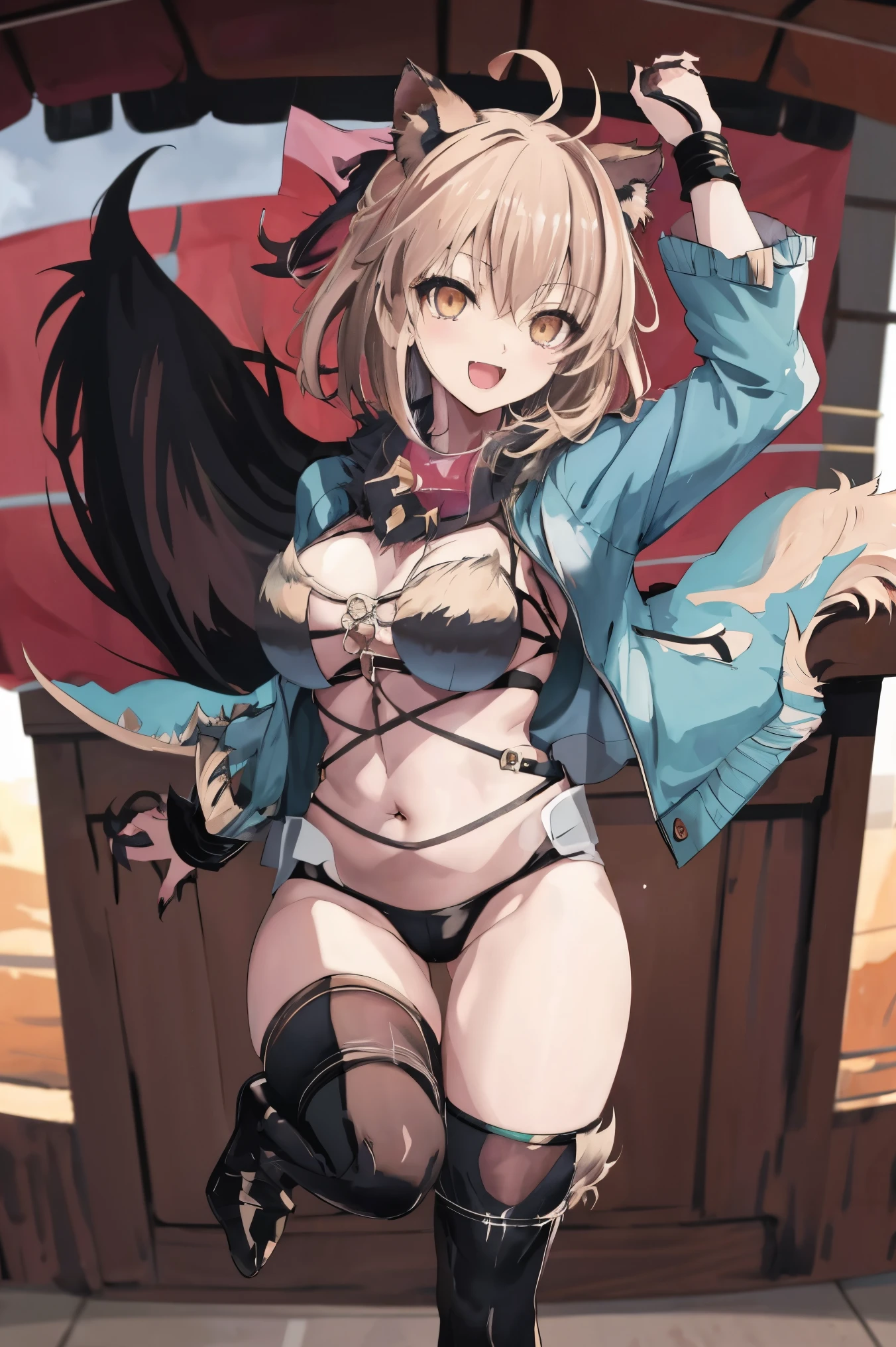 masterpiece, best quality,extremely detailed CG unity 8k wallpaper,
1girl,okita souji \(fate\),
smile,open_mouth,jumping,middle_breasts,navel,thighs,happy,gold_eyes,apart_thighs,apart_knees,rising_knee,,covered_pussy,dangerousbeast,(dangerousbeast:1.5),perfect_hands,single_up_hair,jacket,thigh-highs,wolf_ears,