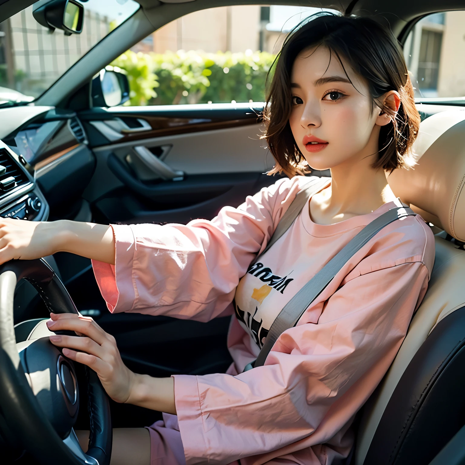 araffe woman in pink shirt sitting in car with steering wheel, korean female fashion model, Gorgeous Young Korean Woman, Beautiful Korean Women, Ulzzang, Beautiful young Korean woman, Korean Girls, ((pink)), Short hair, Choi Hong-hwa, Lee Ji-eun, Lee Ji-eun, Sitting in a car, driving, Shin Jinyoung