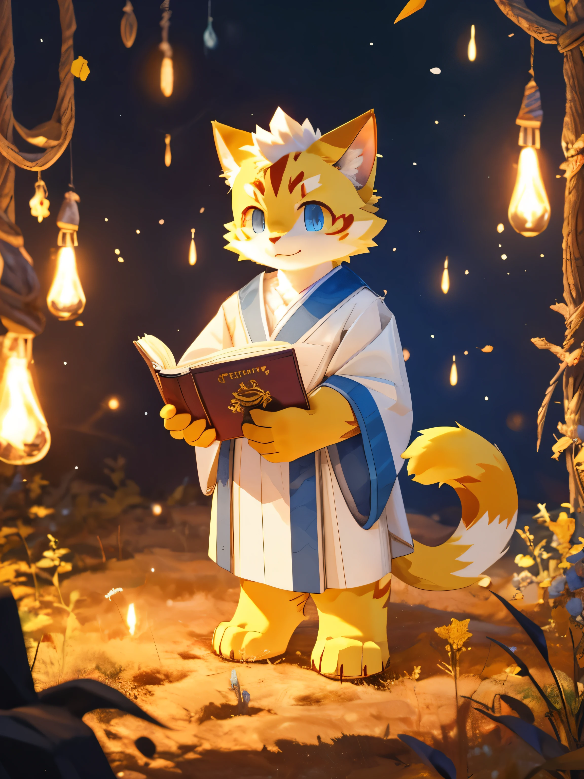 nj5furry,kemono,full-length portrait,anthro,hi res,juvenile,male,strong,White robe,Gold texture,Priest,Orange cat,Fluffy hair,White plush paw,Golden Eyes,Delicate eyes,Detailed eyes,Extremely high detail,8K HD characters,optimistic and cheerful,Holding a book,(particle, Scattered letters, Orange Light): 1.3