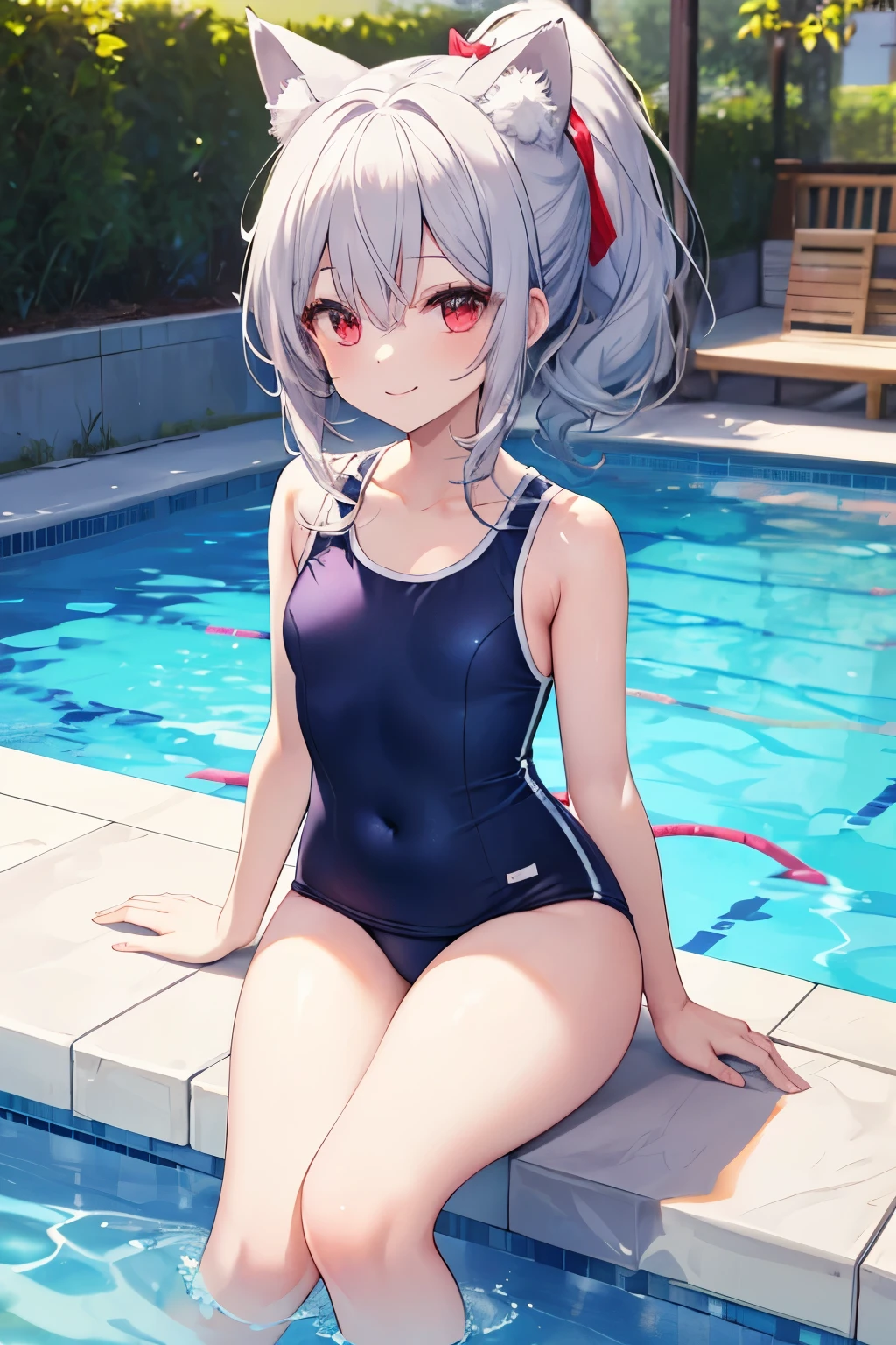 Silver Hair、Red Eye、Fox ears、girl、Small breasts、ponytail、girl、Small breasts、Lolita、Bright smile、Looks about 15 years old、Petan Musume、Short、目のhighlight、Sexy thighs、Wearing a school swimsuit、Pool、Your eyes are so beautiful、highlight