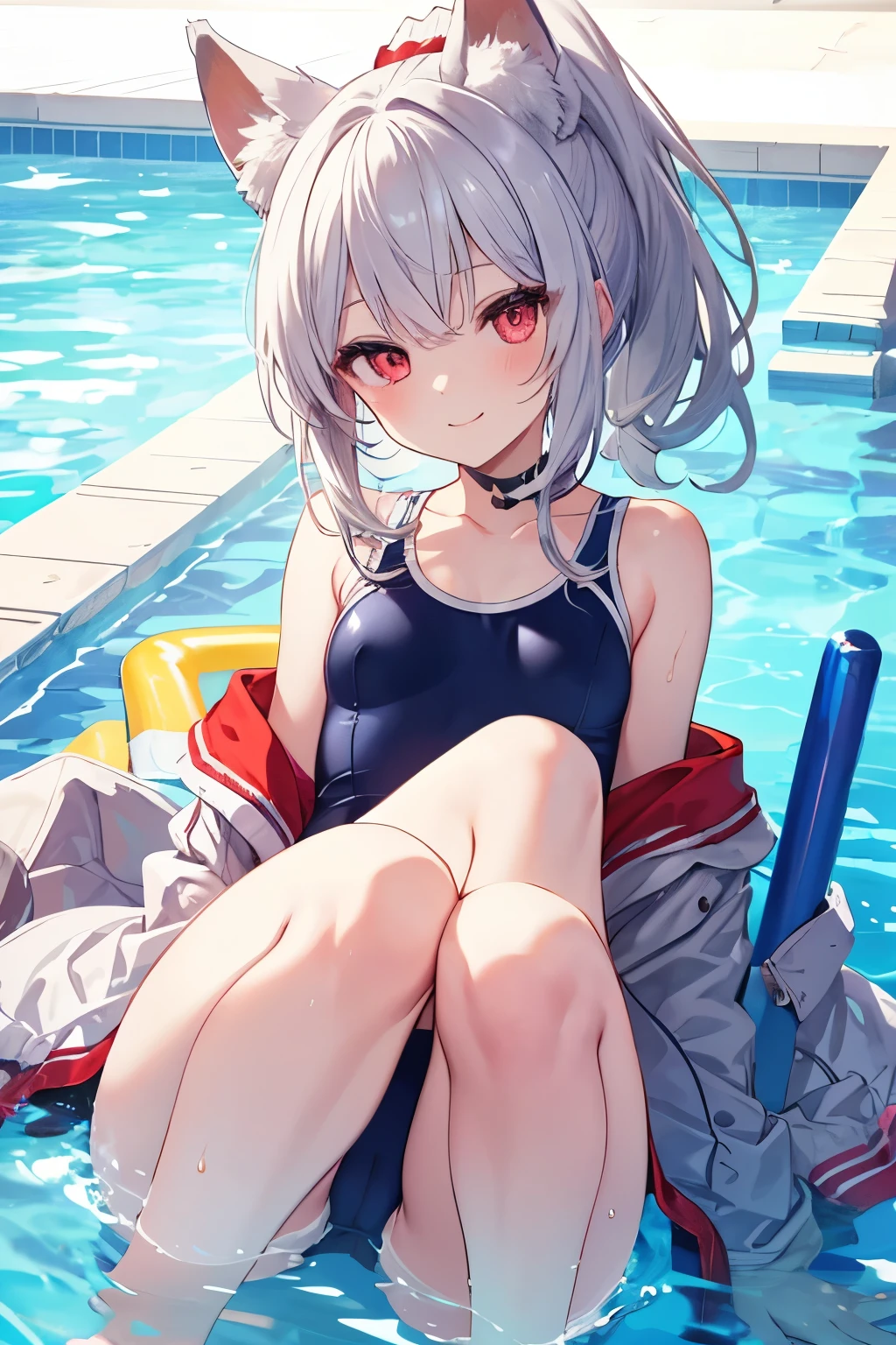 Silver Hair、Red Eye、Fox ears、girl、Small breasts、ponytail、girl、Small breasts、Lolita、Bright smile、Looks about 、Petan Musume、Short、目のhighlight、Sexy thighs、Wearing a school swimsuit、Pool、Your eyes are so beautiful、highlight