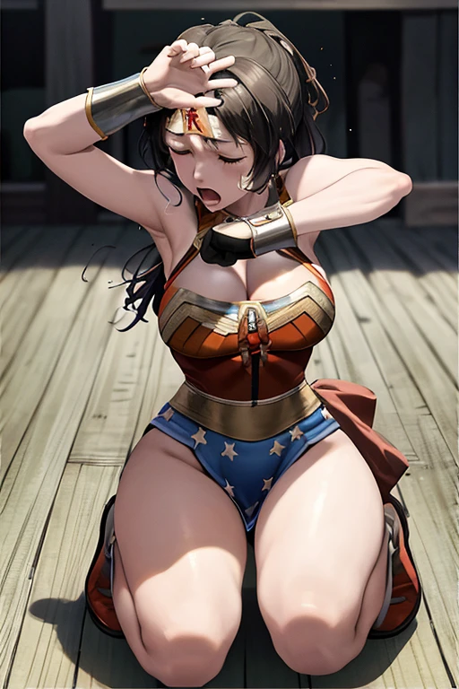 masterpiece, best quality, beautiful art, high resolution, well formed hands, body and fingers, 1 woman, solo, Xiangling, wearing a Wonder Woman outfit , adult, big breasted, cleavage, full body, sexy and skimpy outfit , gorgeous hips, legs and thighs , ryona,in peril, she is being beaten up by her opponent, receiving the impact of her opponent's attacks, reacting to the hits, closed eyes, she is being slapped in the face, knocked down, slammed against the floor, screaming in pain and agony, showing weakness and vulnerability, heroine in peril, ryona and perilous scene, sweating, bouncing breasts, martial arts tournament with beach environment 