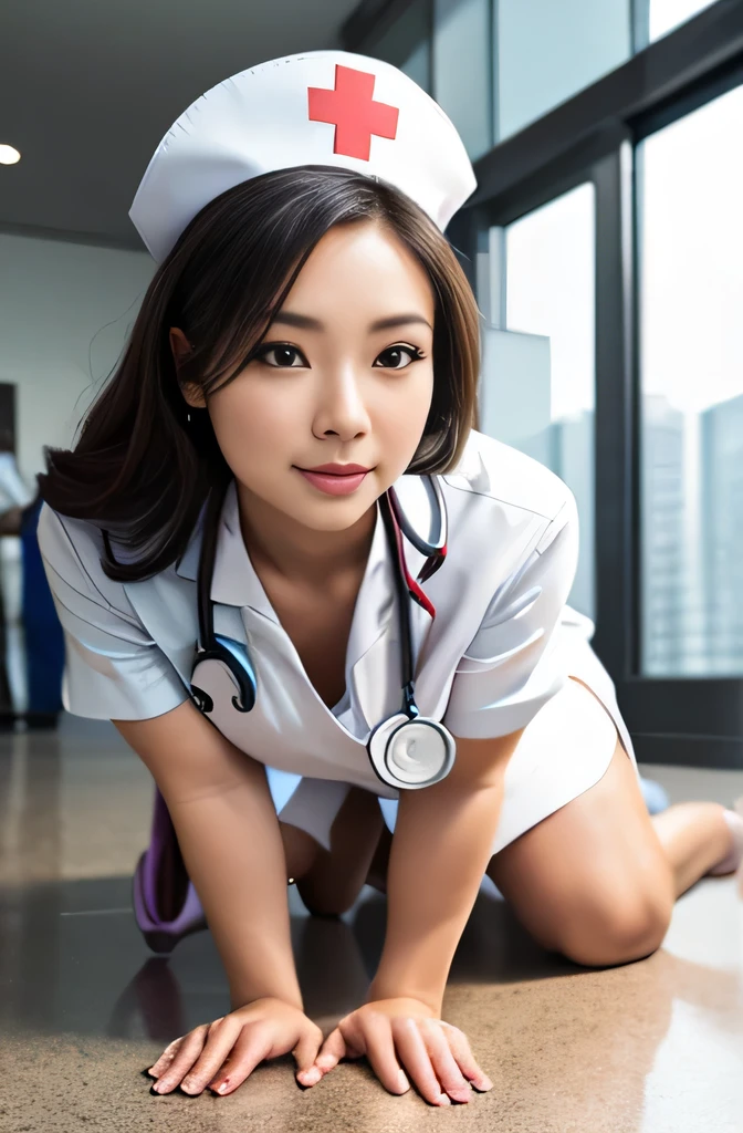 Photorealistic beautiful doctor、stunningly beautiful、nurse、(top-quality、8K、32K、masterpiece、nffsw:1.3)、超A high resolution,(Photorealsitic:1.4),Raw photography, Detailed face,,Beautiful Long hair, ((Doctor Style)), , tight skirts、 Natural makeup, Breast cleavage, Medium full breasts、sexy masquerade mask, Detailed background, Perfect Lighting, depth of fields, nurse hat,stethoscope , (((fullbody))), whole body capture, fullbody, legs wide open, open legs, eyes on camera, details eyes, beautiful eyes, on all fours doggy style getting penetrated