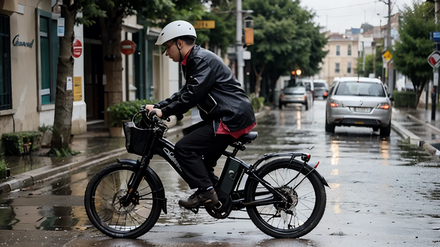 A 20-year-old boy with a Mediterranean bald head rode an electric bike to the bank without a helmet in heavy rain, revealing his face