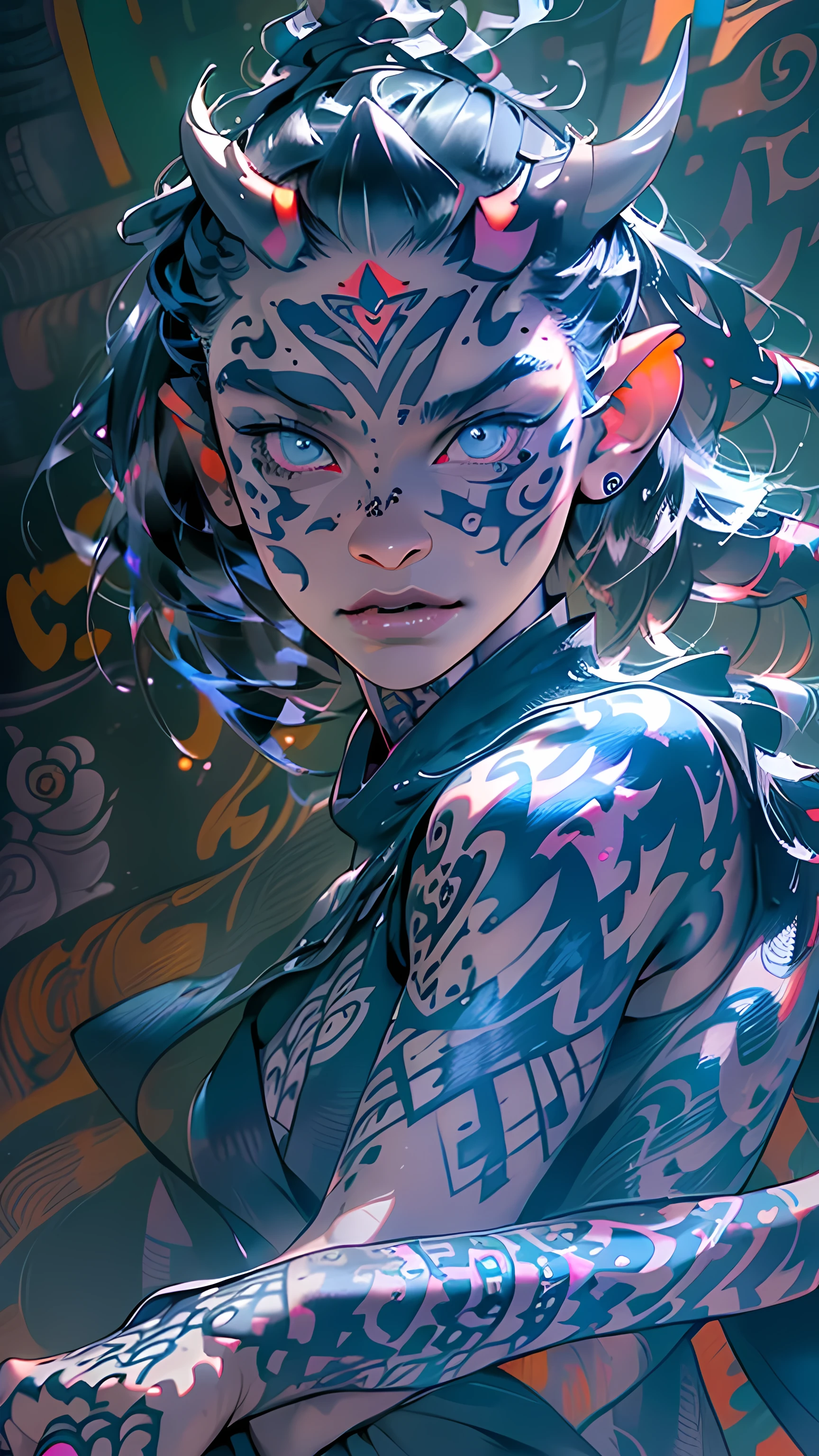 (photorealistic:1.3), masterpiece, best quality, (intricate details:1.2), (scenery:1.3), beautiful face, (black theme:1.3), 
(((1girl, a girl in patterned kimono holding a dagger in her hand, (look at veiwer:1.3), (face tattoo:1.2), small oni horn, 
))), full body, split in half