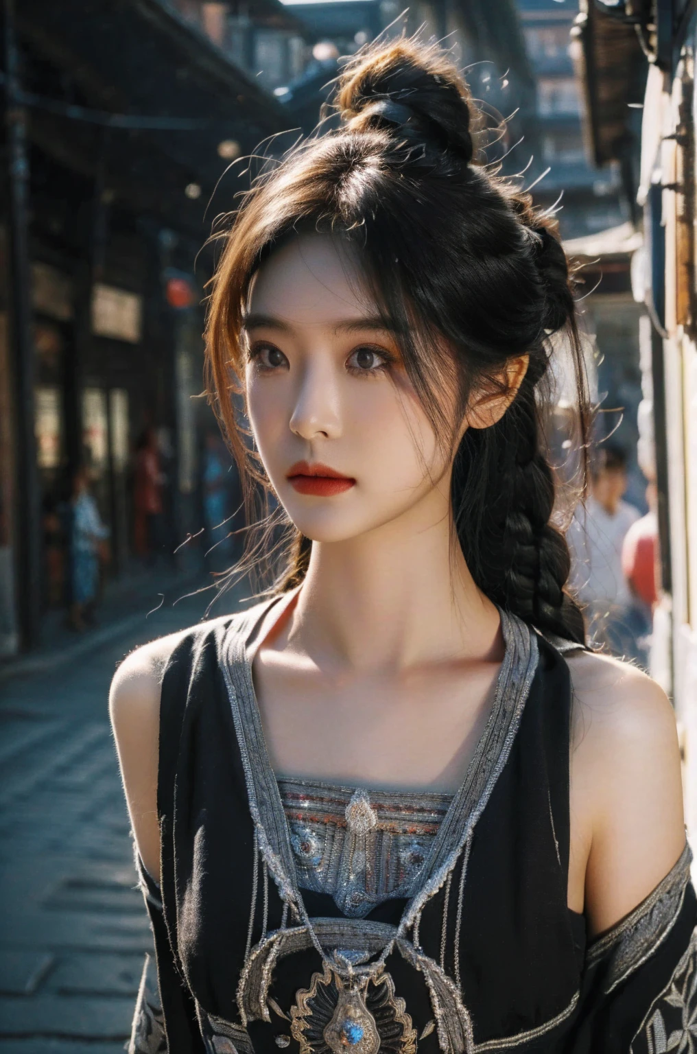 a beautiful young woman in traditional black hmong dress, walking along an ancient road, intricate detailed clothing, ornate traditional accessories, detailed facial features, mesmerizing eyes, delicate skin, serene expression, warm lighting, photorealistic, cinematic composition, dramatic shadows, vibrant colors, muted tones, masterpiece, (best quality,4k,8k,highres,masterpiece:1.2),ultra-detailed,(realistic,photorealistic,photo-realistic:1.37),HDR,UHD,studio lighting,ultra-fine painting,sharp focus,physically-based rendering,extreme detail description,professional,vivid colors,bokeh,portrait