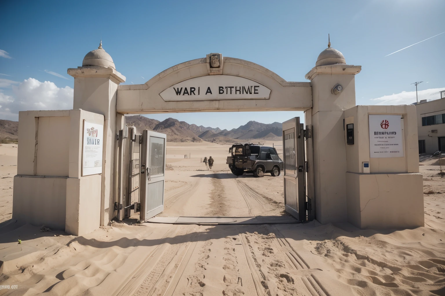 8k, Fujifilm, wide angle, with yellow and white tone, style photo of the big gate and grand final writen on it in the middle of sand, theres a lot of people prepare to attend the battle war, 