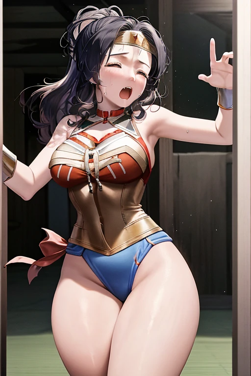 masterpiece, best quality, beautiful art, high resolution, well formed hands, body and fingers, 1 woman, solo, Xiangling, wearing a Wonder Woman outfit , adult, big breasted, cleavage, full body, sexy and skimpy outfit , gorgeous hips, legs and thighs , ryona,in peril, she is being beaten up by her opponent, receiving the impact of her opponent's attacks, reacting to the hits, closed eyes, she is being slapped in the face, knocked down, slammed against the floor, screaming in pain and agony, showing weakness and vulnerability, heroine in peril, ryona and perilous scene, sweating, bouncing breasts, martial arts tournament with beach environment 