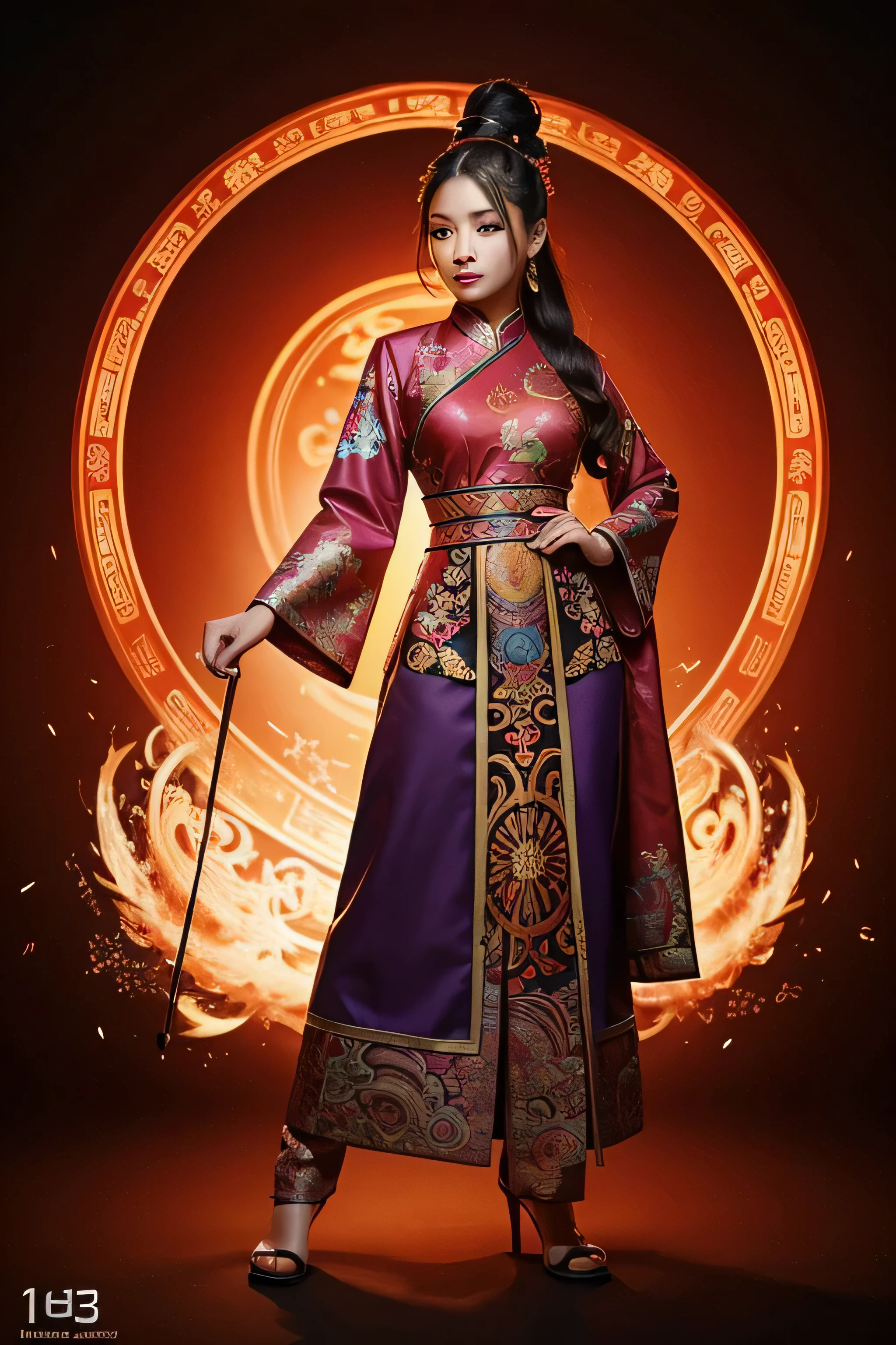 Airbrushed image of an Asian woman, clothes based on the designs of Long Feng, colorful and fiery background, digital art, ultra-detailed 16k 3D ultra-realistic"