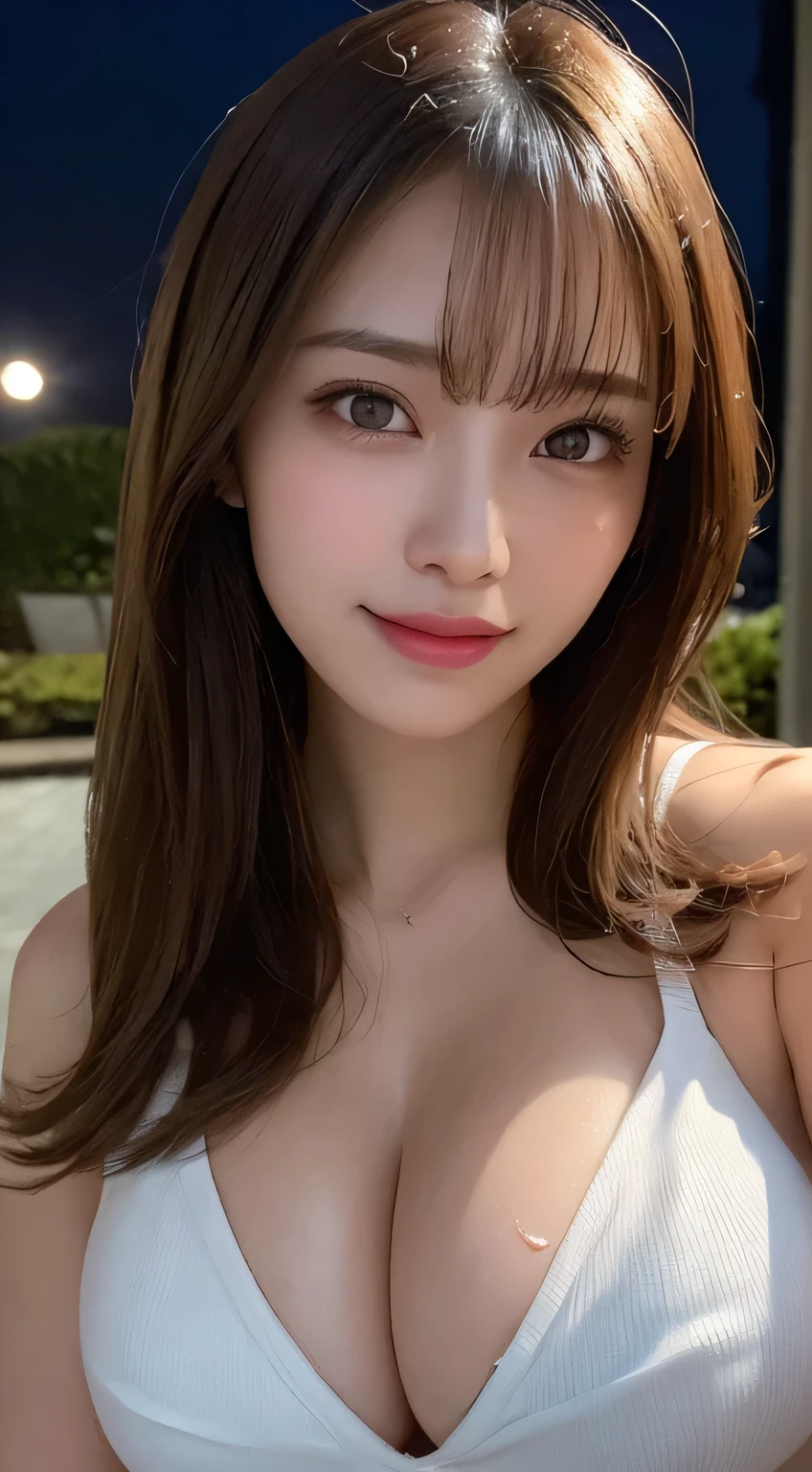 Tabletop, best quality, figure, super detailed, detailed, high resolution, 16k wallpaper, perfect dynamic composition, body portrait, 8K, slender and beautiful eyes, Dindal effect, masterpiece, best quality, high quality, high resolution, high definition Photography, (natural skin texture, fine skin, hyper realism, super sharpness), attention to skin detail, (very fine, fine skin texture, intricate detail, beautiful face, (realistic face), real eyes, beautiful detailed eyes, realistic skin, beautiful skin, surreal, highly detailed, golden ratio, smiling eyes, ((night moonlight background)), body portrait, beautiful details, hotel ( But), sexy face, face of ecstasy, face of the pinnacle of sexual arousal, sex - excited face, big breasts, huge breasts, big breasts, oily skin, cleavage, wet,