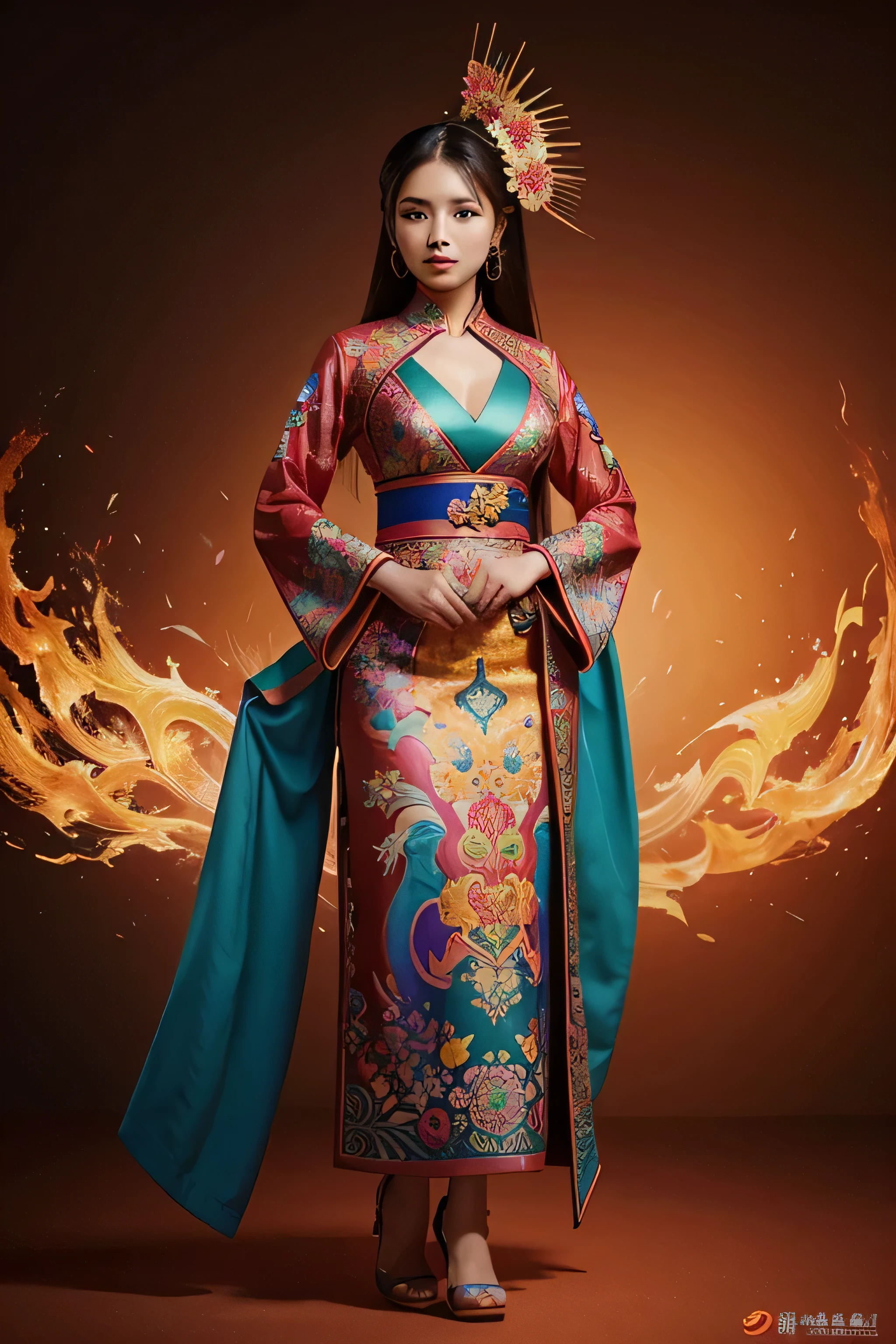 Airbrushed image of an Asian woman, clothes based on the designs of Long Feng, colorful and fiery background, digital art, ultra-detailed 16k 3D ultra-realistic"