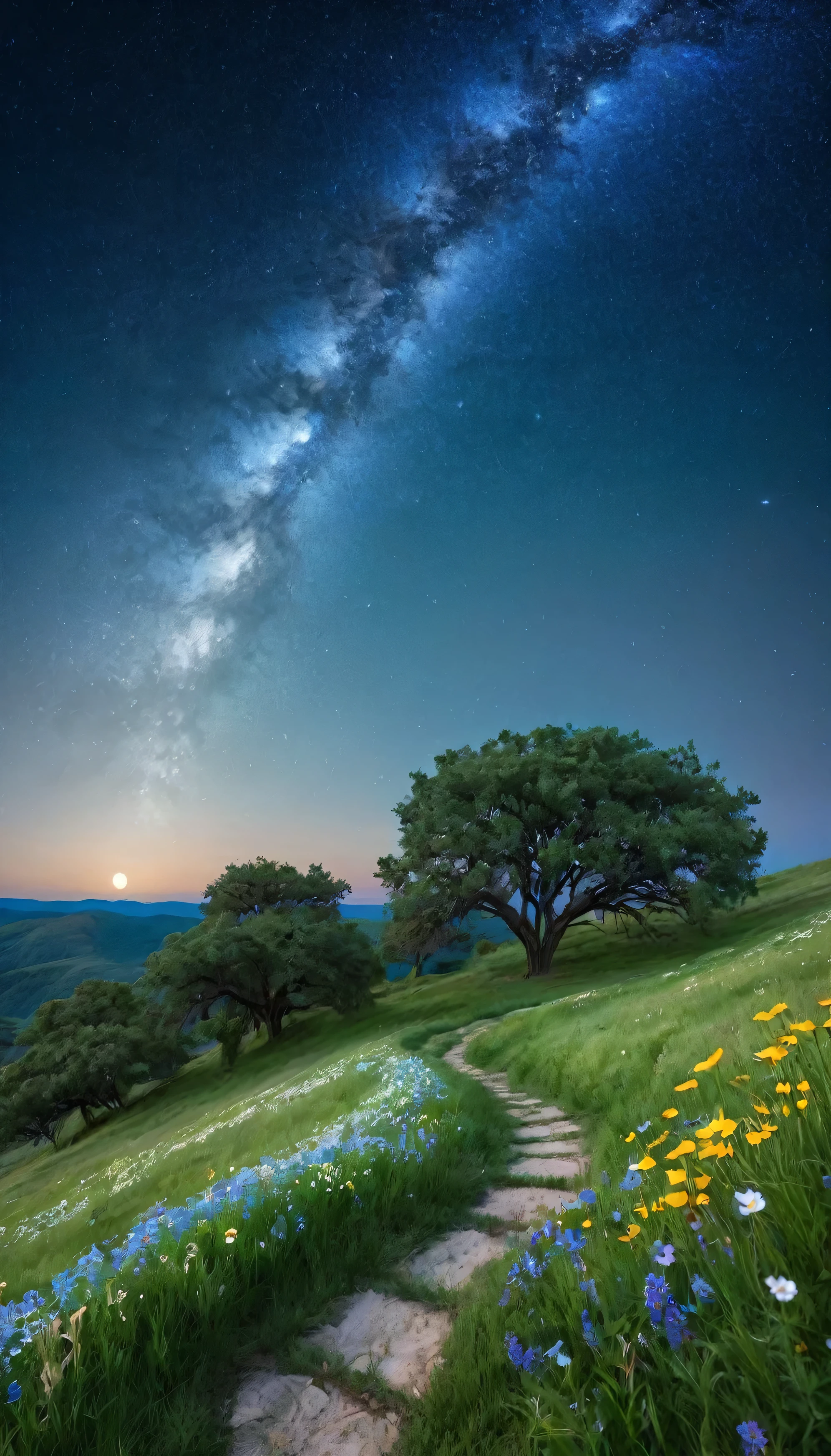 The boy should be positioned near the center of the hill, standing or sitting in a relaxed pose, looking up at the night sky. He should be dressed in simple, comfortable clothing, perhaps with a hint of moonlight illuminating his figure. The hill should be gently sloping, covered in lush, green grass interspersed with a variety of colorful wildflowers. The grass and flowers should sway slightly as if moved by a gentle night breeze. The sky should be a deep, rich blue-black, filled with countless stars twinkling brightly. Include a prominent Milky Way streak across the sky, adding depth and a sense of wonder to the scene. A crescent moon could also be visible, casting a soft, silver glow over the landscape.
