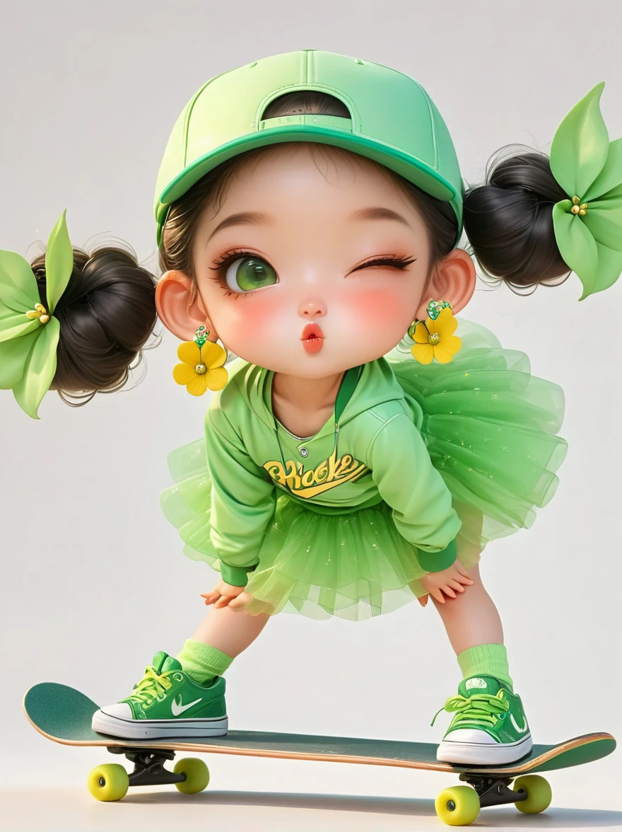1 Girl, Wearing a bright yellow-green baseball uniform, Green Sequined Tulle Skirt, Green baseball cap, Double bun and flower earrings, Green sneakers, strike a playful pose, Standing on a skateboard, (Close one eye:1.3), Green Eyes, Cute ears, Pouting cute little mouth, faint blush, Proud, Cartoon Style, full-body shot, Created with C4D and Blender, Blind box toy styles, Super Detail, Anatomically correct, masterpiece, precise