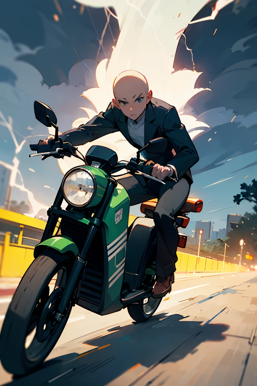 Please draw me a bald young man riding an electric bike in a storm to withdraw money from an ATM called "Tofu Camp". Don't wear a helmet. Show his bald head and face. Draw a bank ATM cash withdrawal window with the words "Tofu Camp" written on it.