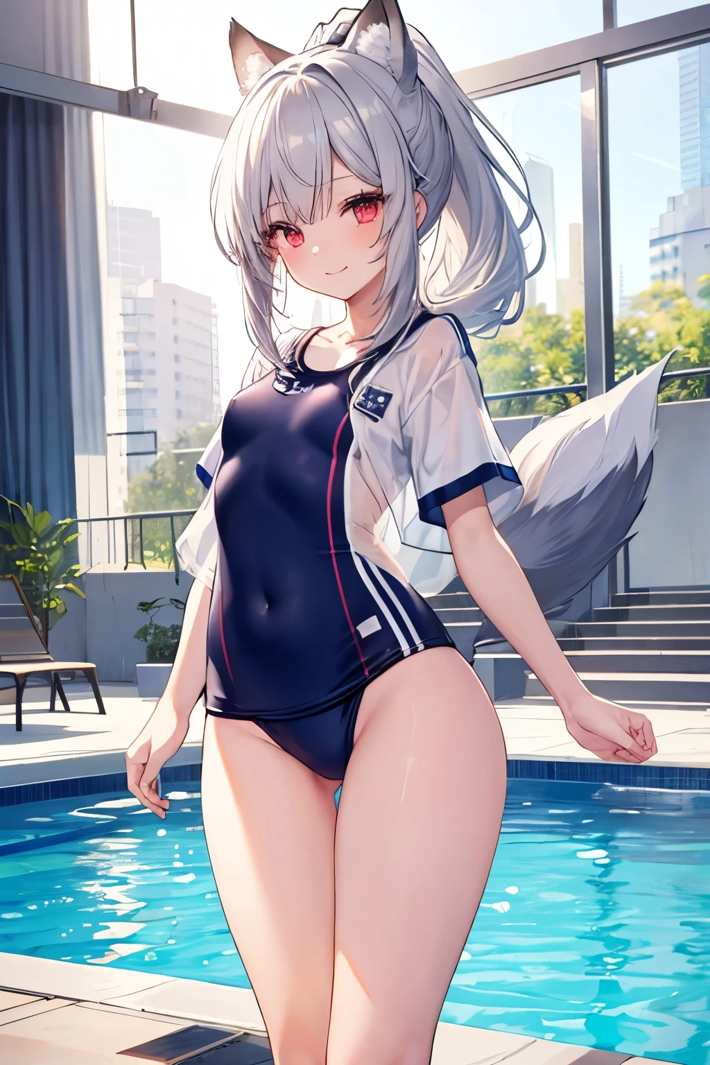 Silver Hair、Red Eye、Fox ears、girl、Small breasts、ponytail、girl、Small breasts、ta、Bright smile、Looks about 15 yan Musume、Short、目のhighlight、Sexy thighs、Wearing a school swimsuit、Pool、Your eyes are so beautiful、highlight