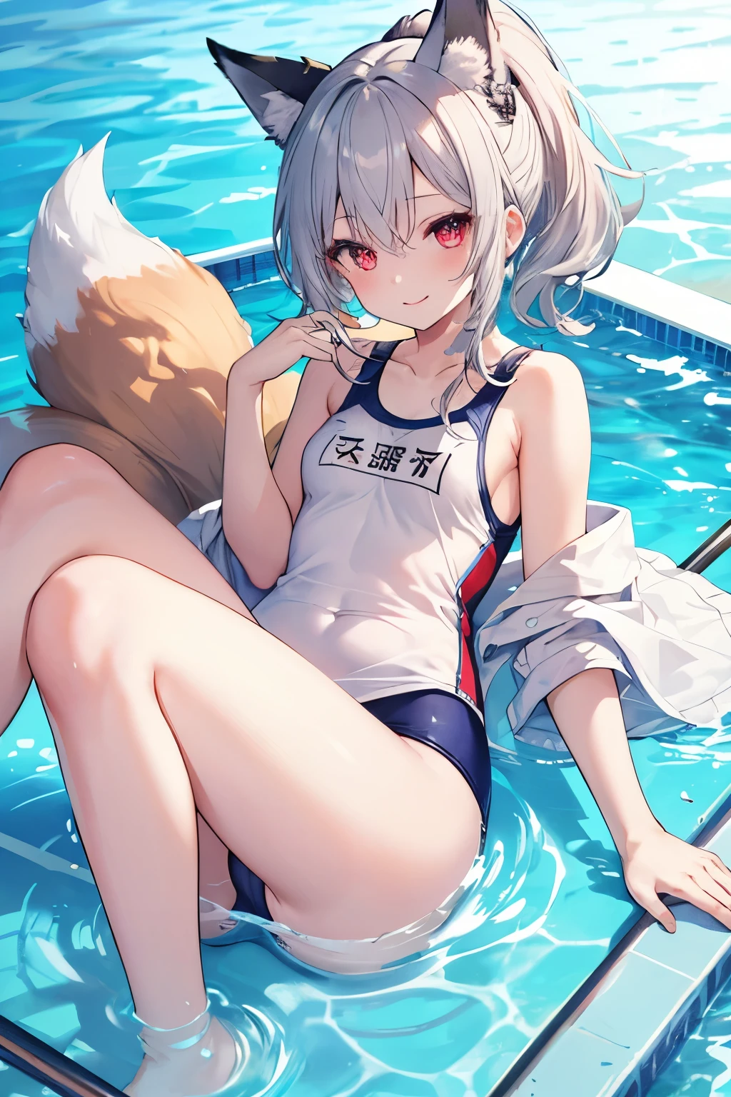 Silver Hair、Red Eye、Fox ears、girl、Small breasts、ponytail、girl、Small breasts、ta、Bright smile、Looks about 15 yan Musume、Short、目のhighlight、Sexy thighs、Wearing a school swimsuit、Pool、Your eyes are so beautiful、highlight