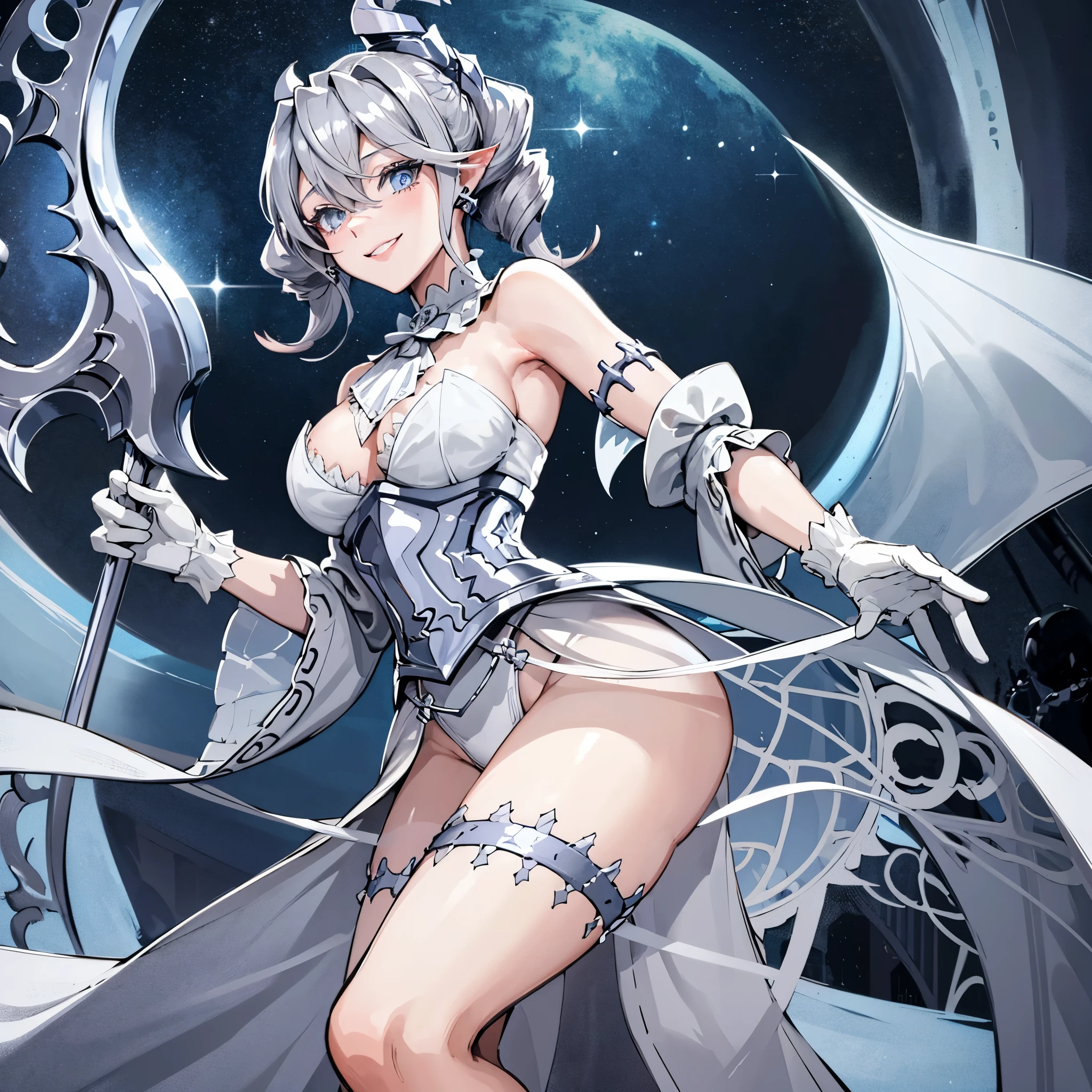 　High level image quality　best image quality　8K　 adult woman　whole body view　portrait　gray long gloves（elbow gloves）　　gray long dress（slit）　  ears  　short hair（（shortcut）（gray hair）（perm）（fluffy））　eye color is blue　attractive evil face , face detail , smile ,  sexy pose   ,  labrynth , erotic standing styles  ,  view from side  behind  , view legs lifted 