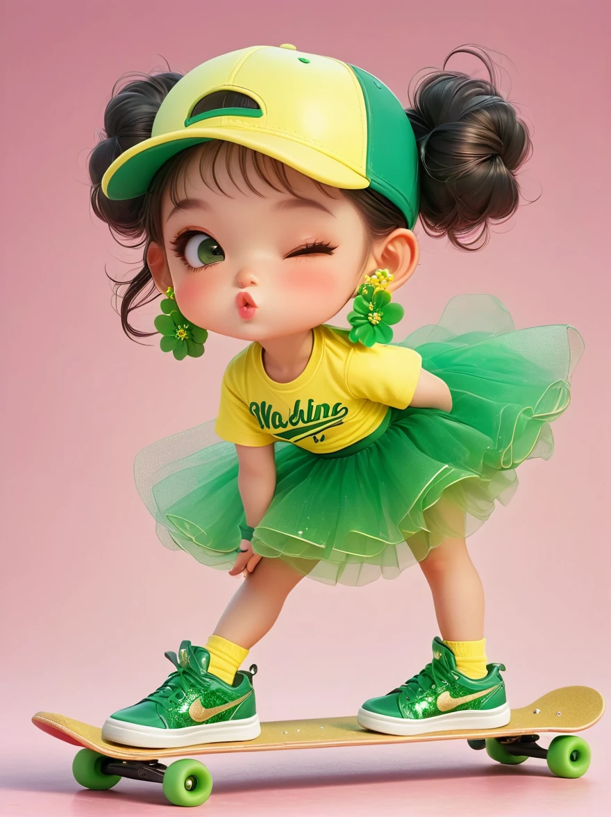 1 Girl, Wearing a bright yellow-green baseball uniform, Green Sequined Tulle Skirt, Green baseball cap, Double bun and flower earrings, Green sneakers, strike a playful pose, Standing on a skateboard, (Close one eye:1.3), Green Eyes, Cute ears, Pouting cute little mouth, faint blush, Proud, Cartoon Style, full-body shot, Created with C4D and Blender, Blind box toy styles, Super Detail, Anatomically correct, masterpiece, precise